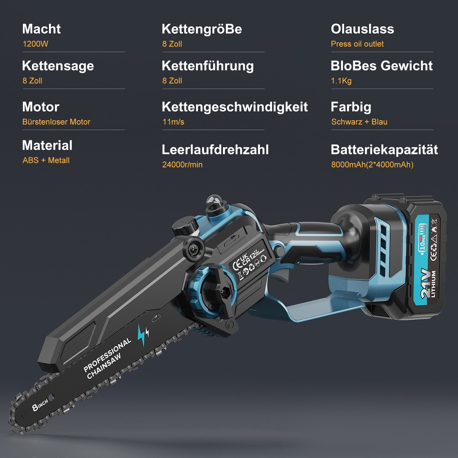 Rinoxar Akku-Kettensäge 6''/8''/12'' Elektro-Kettensäge, 1300W Bürstenloser Handkettensäge, 2*4000mAh Akku, Bürstenlosem Motor, für Gartenarbeit, Holzschneidenz