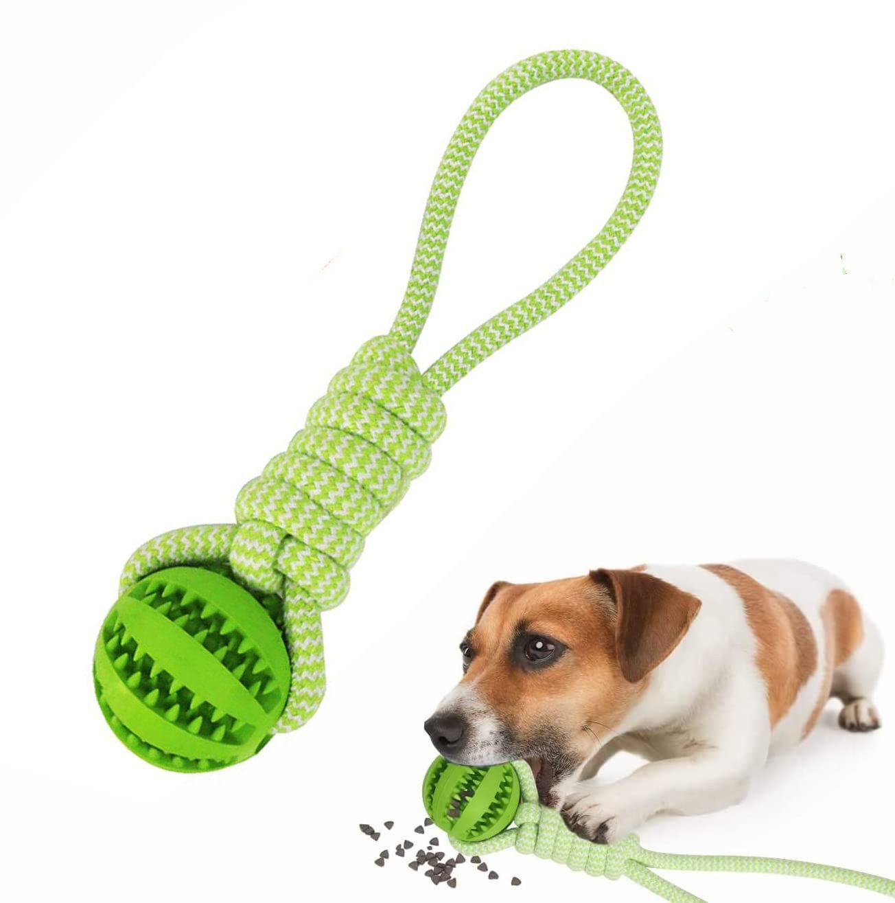 Katde Hunde-Futterspender Naturgummiball Seil Hundespielzeug Ball,mit Zahnpflege,Grün