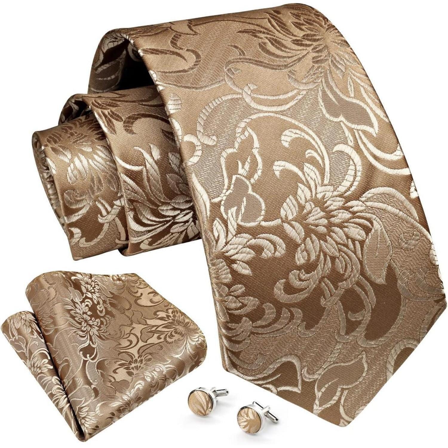 LuxusKollektion Krawatte Krawatte Paisley Herren Set Einstecktuch Champagner-1 Einheitsgröße