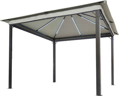 Leco Pavillon Solar LINA, mit 4 Seitenteilen, 300x300 cm, grau mit LED und Gittergewebe-Rollos