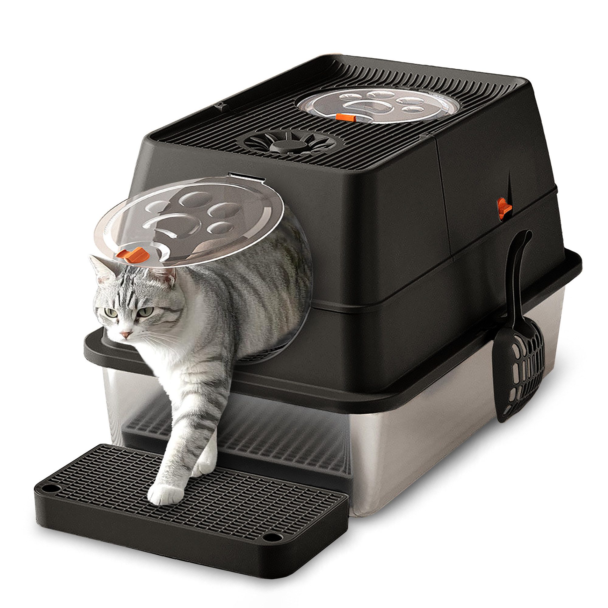Katzentoilette XXL Edelstahl Katzenklo mit Deckel, Pedals & Schaufel