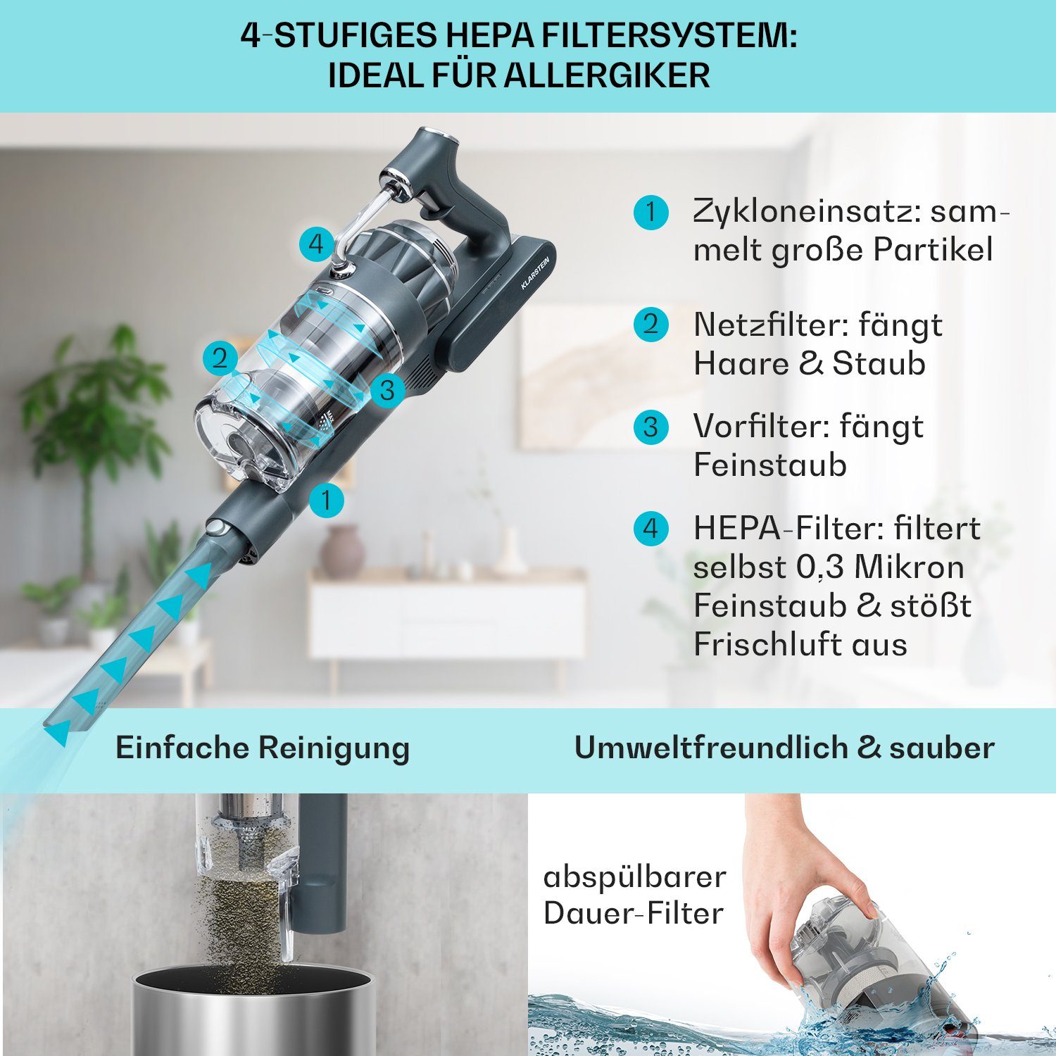 Klarstein Akku-Hand-und Stielstaubsauger LARMA Staubsauger, 300 W, beutellos