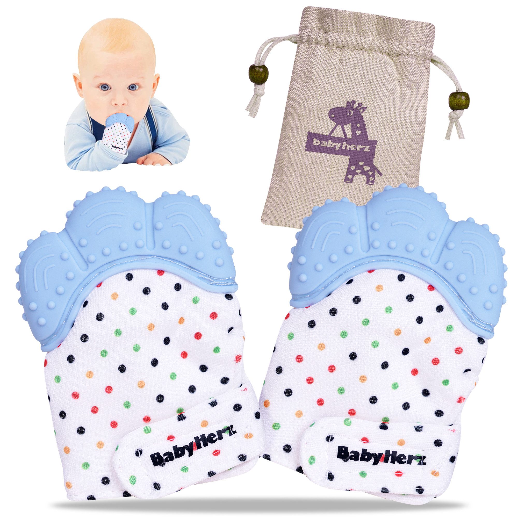 BabyHerz Beißring Baby Beißring Рукавички Zahnungshilfe - Handschuh Zahnungsset 2 Stück, Beruhigt Zahnfleisch & schützt das Gesicht, BPA-frei mit Knisterspaß