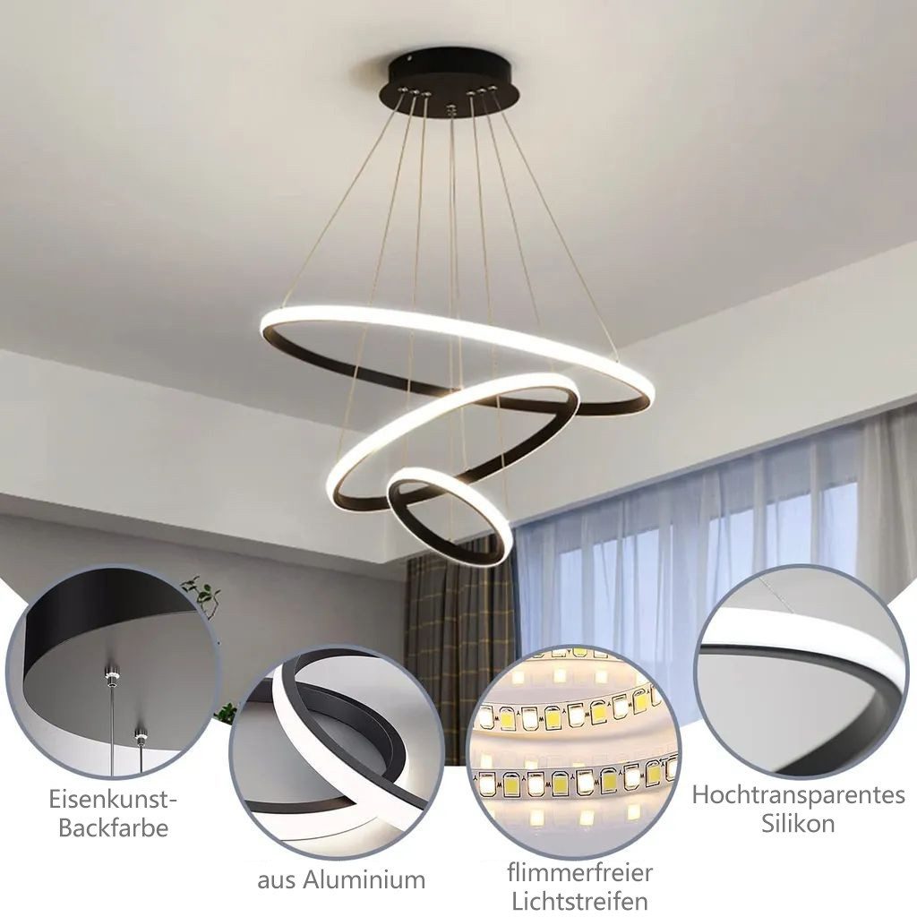 JDONG Pendelleuchte 3 Ringen Moderne LED Hängeleuchte 54W Dimmbar mit Fernbedienung, Warmweiß/Neutralweiß/Kaltweiß, 3 Ringen Hangelampe Hohenverstellbar fur Wohnzimmer Esszimmer