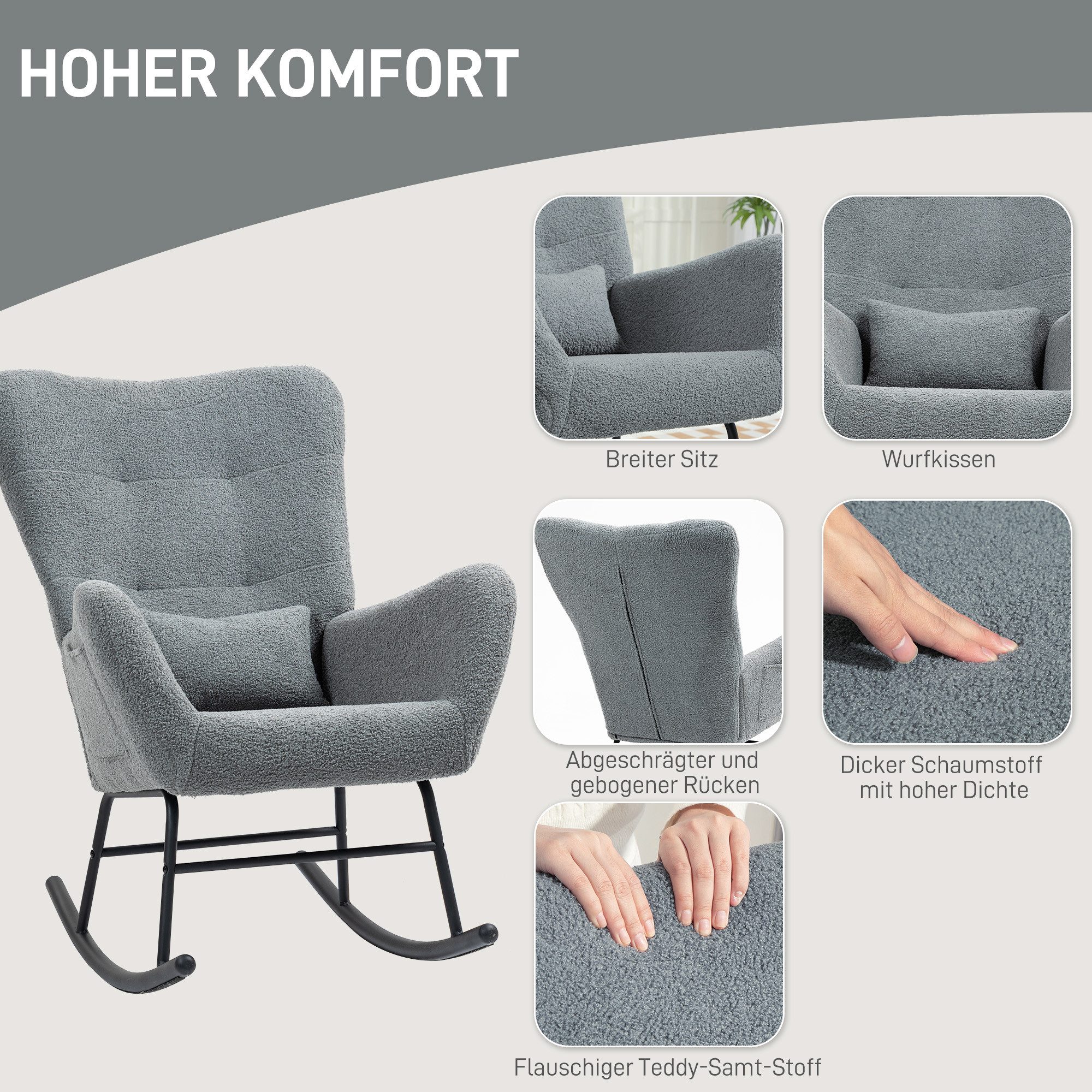 HOMCOM Schaukelstuhl Schaukelsessel mit Teddystoff-Optik, Armlehne, Stillsessel (Relaxsessel, 1 St), mit Seitentasche für Wohnzimmer, Schlafzimmer, Grau – Bild 5 von 5