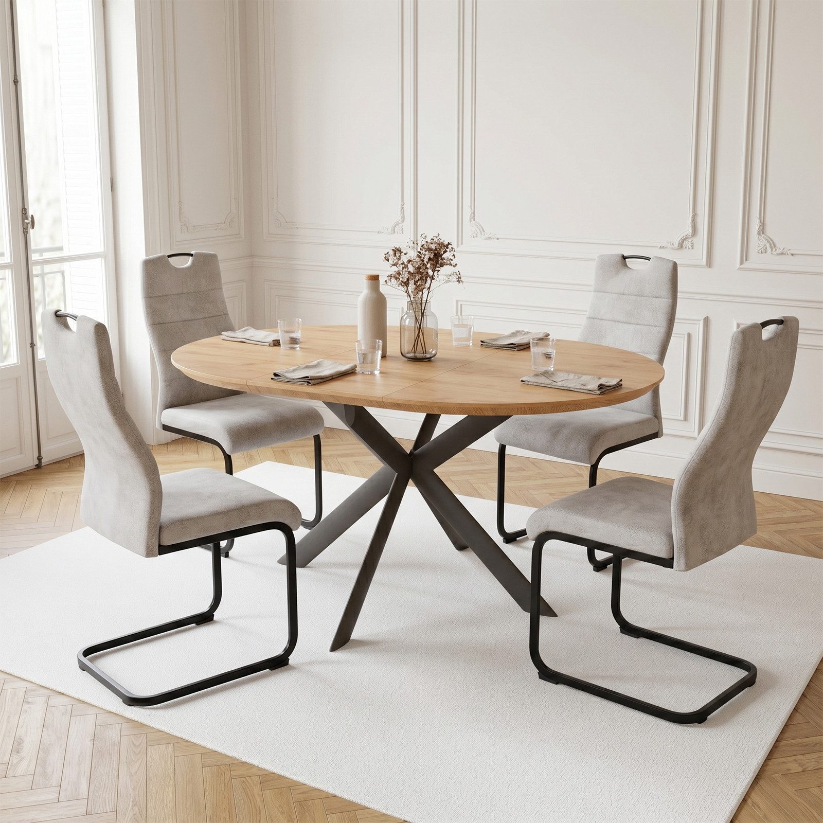 Jiexi Essgruppe Essgruppe ausziehbar rund bis oval MDF Tisch mit Freischwinger