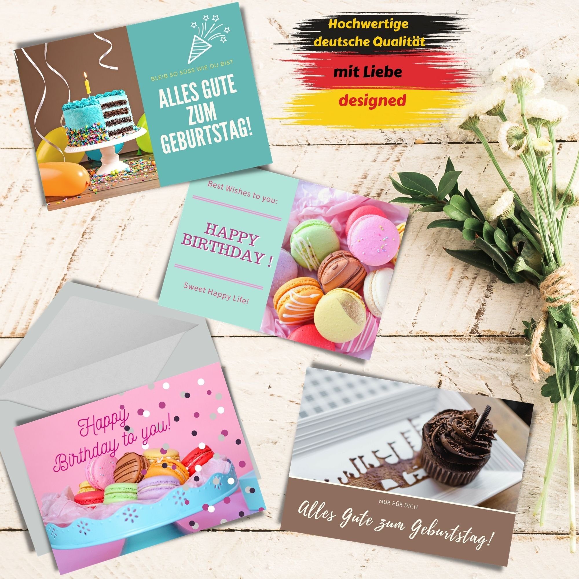 16er Domelo Geburtstagskarten Set, Kraftpapier Umschlag, zum mit Happy 16er Geburtstagskarte Karten Birthday Postkarten, Geburtstag Set Grußkarten