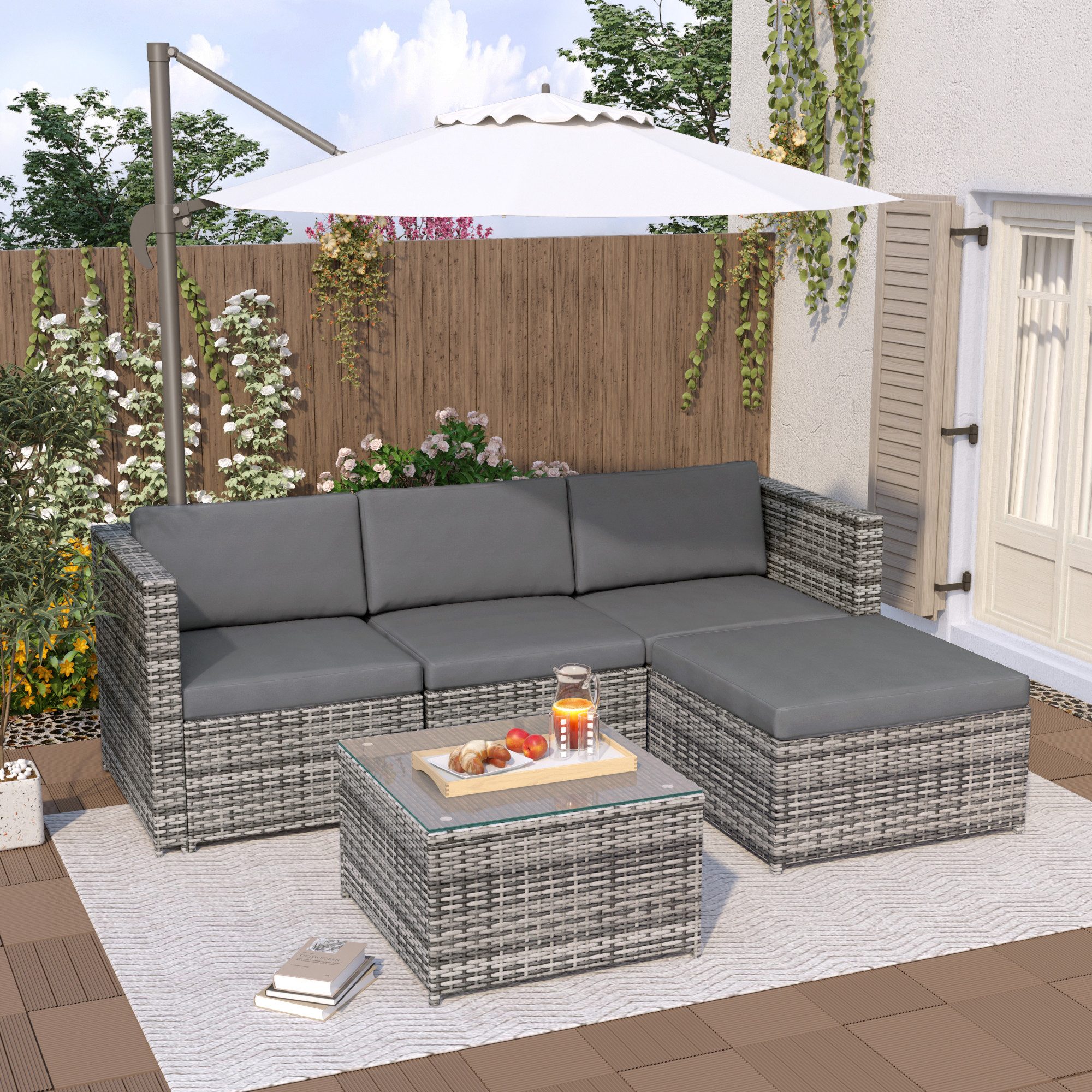 Merax Gartenlounge-Set 5-teilig Gartenmöbel Set aus Polyrattan für 4 Personen, (5-tlg), Sitzgruppe Balkonset mit Kissen, Couch-Set für Garten, Terrasse