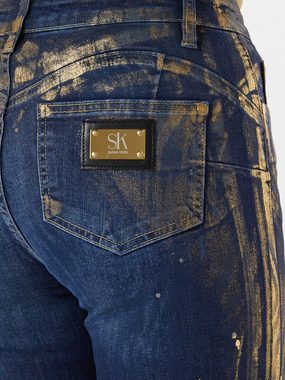 Sarah Kern Slim-fit-Jeans Strech-Hose Figurumspielend mit allover Paintingeffekten in gold- Metallicfarben