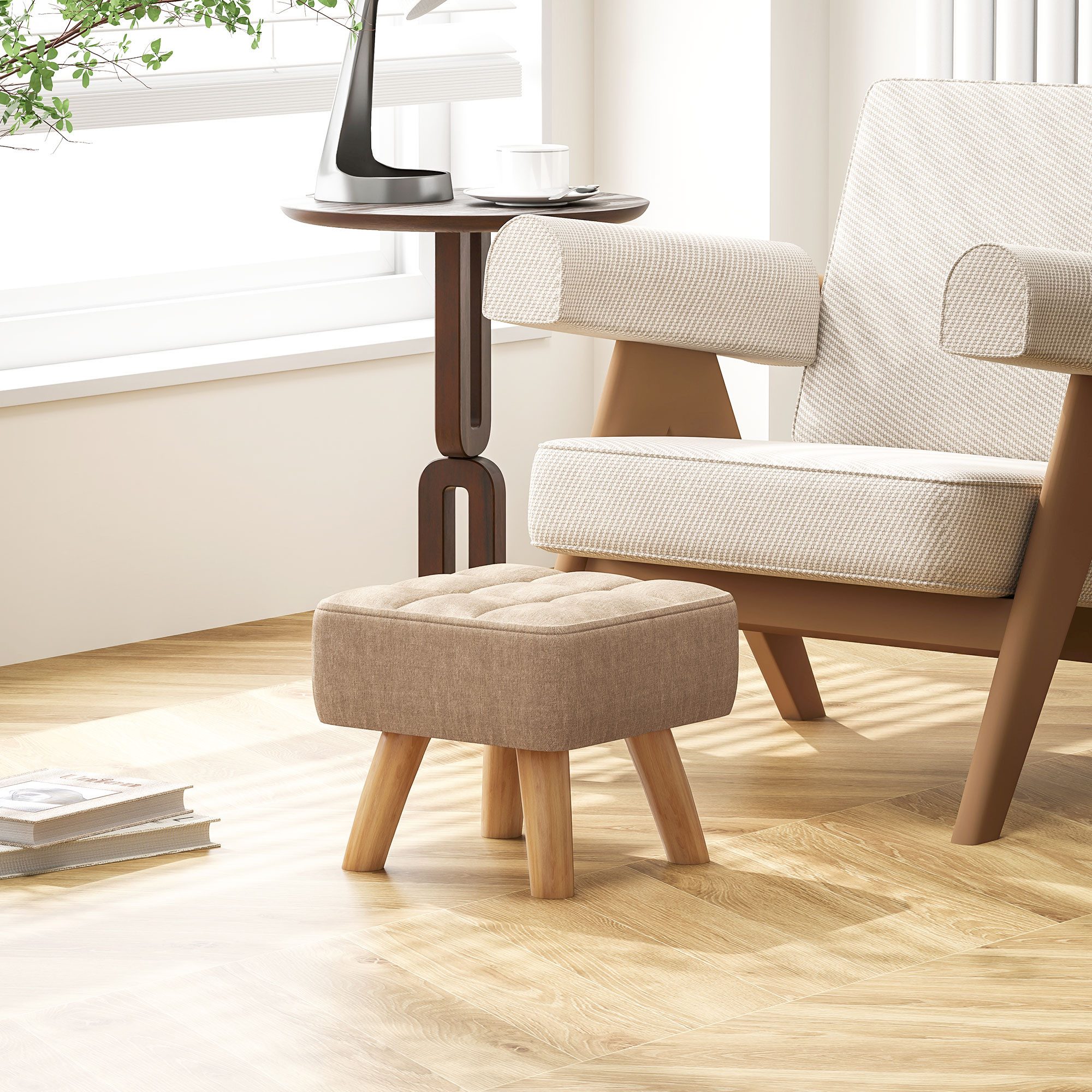 HOMCOM Fußhocker mit Leinenoptik, Holzbeine (Moderner Sitzhocker, 1 St., Polsterhocker), für Schlafzimmer, Wohnzimmer, Braun