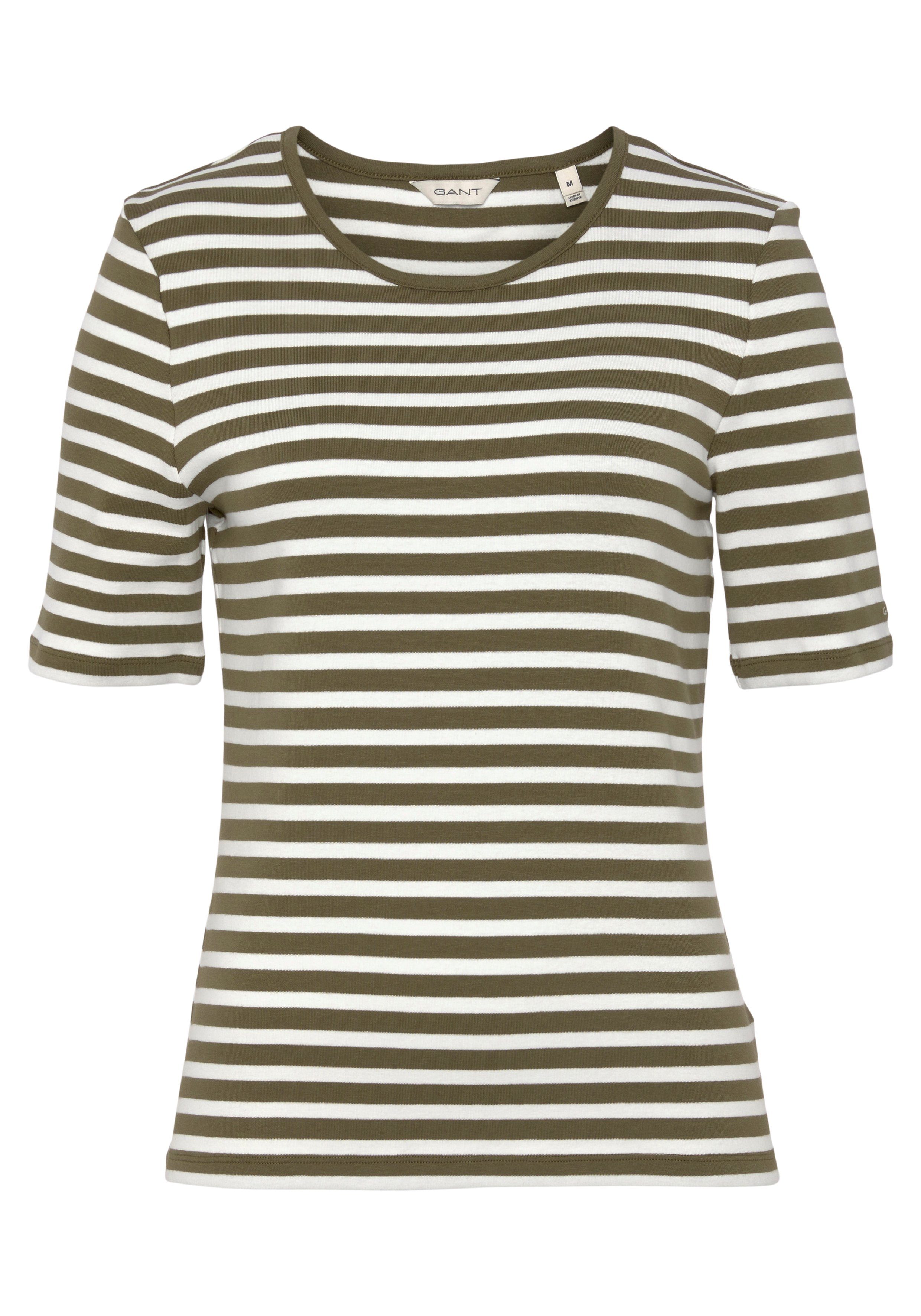 Gant T-Shirt SLIM STRIPED 1X1 RIBBED KA T-SHIRT mit dezentem Logoschriftzug am Ärmelabschluss