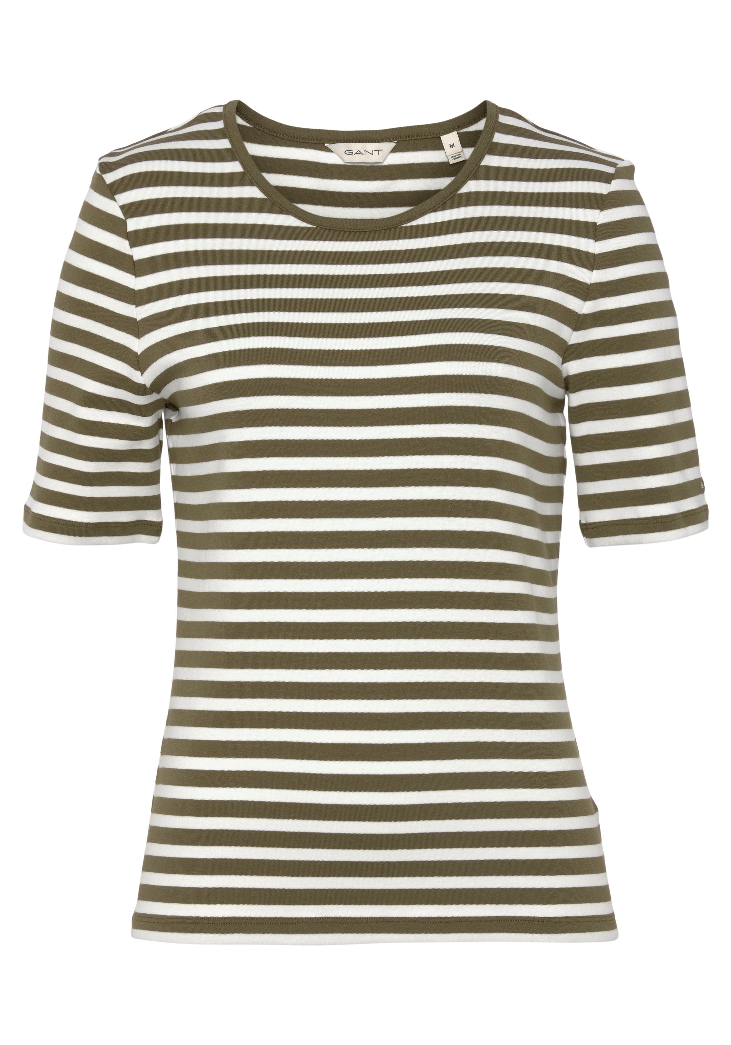 T-SHIRT RIBBED 1X1 T-Shirt STRIPED Gant DARK mit SLIM CACTUS KA am Logoschriftzug dezentem Ärmelabschluss