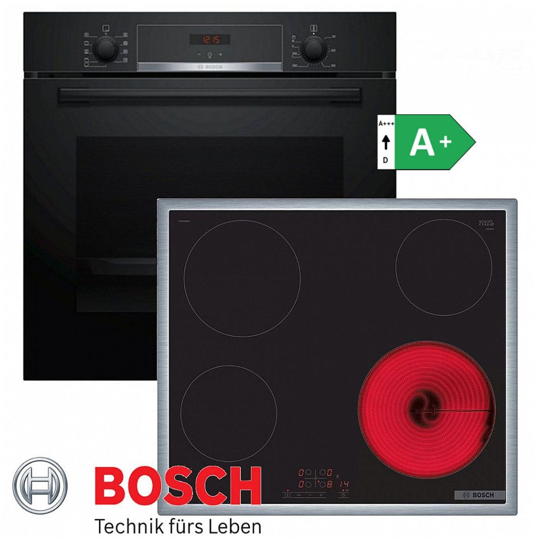 BOSCH Elektro-Herd-Set Autark Herd Backofen Schwarz 3D Heißluft + Glaskeramik Kochfeld Rahmen, mit 1-fach-Teleskopauszug, Katalyse- Rückwand