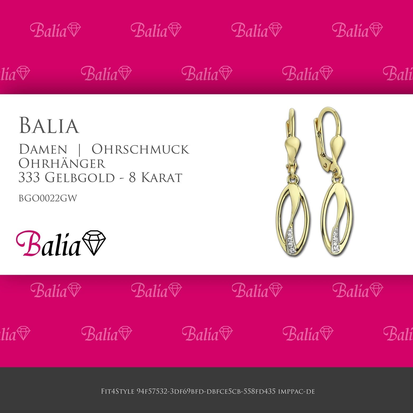Balia Paar 8K 8 ca. Damen Ohrhänger Gelbgold 3cm (Ohrhänger), Balia - Ohrhänger Ohrhänger aus Länge Gelbgold Oval Damen 333 Karat