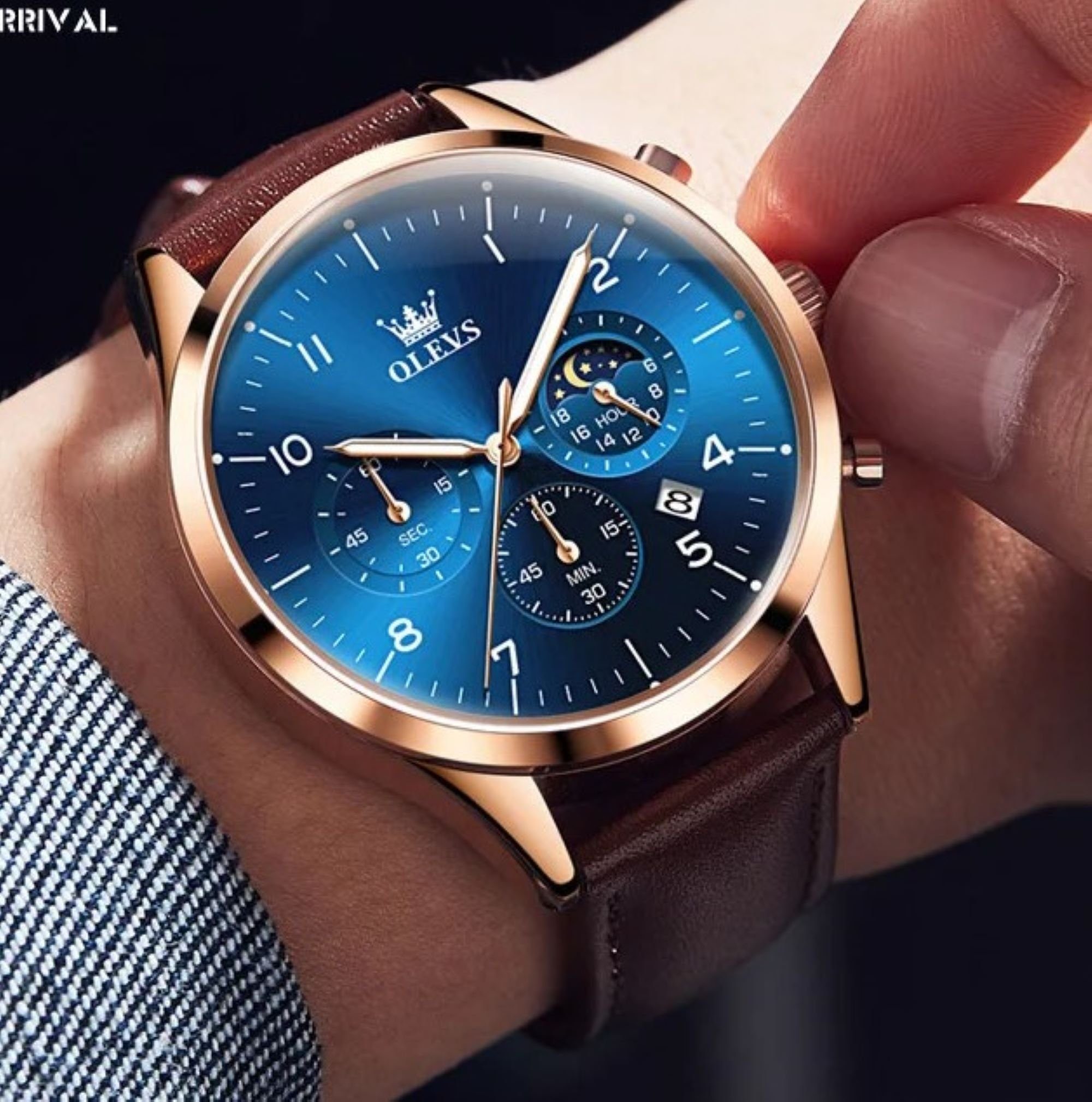 OLEVS Quarzuhr Herren Olevs Chronograph Uhr mit Tag & Nacht Anzeige, Lederarmband