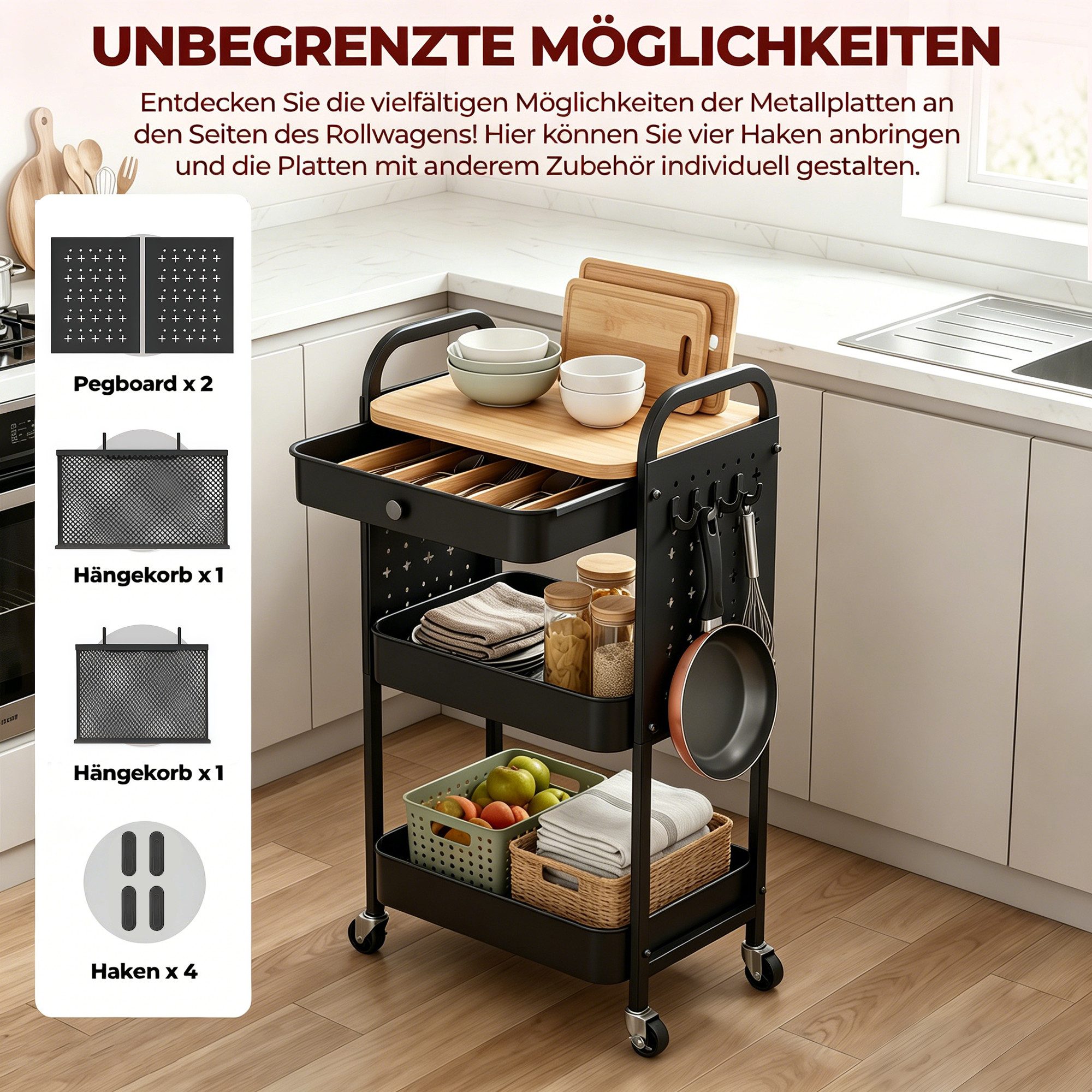 GLIESE Beistellwagen Vielseitiger Küchenwagen, Servierwagen, für Küche, Büro, Wohnzimmer, 2 Hängekörben, 4 Haken, 2 Lochplatten,1 Schublade, Bremsrollen, Griff – Bild 4 von 5