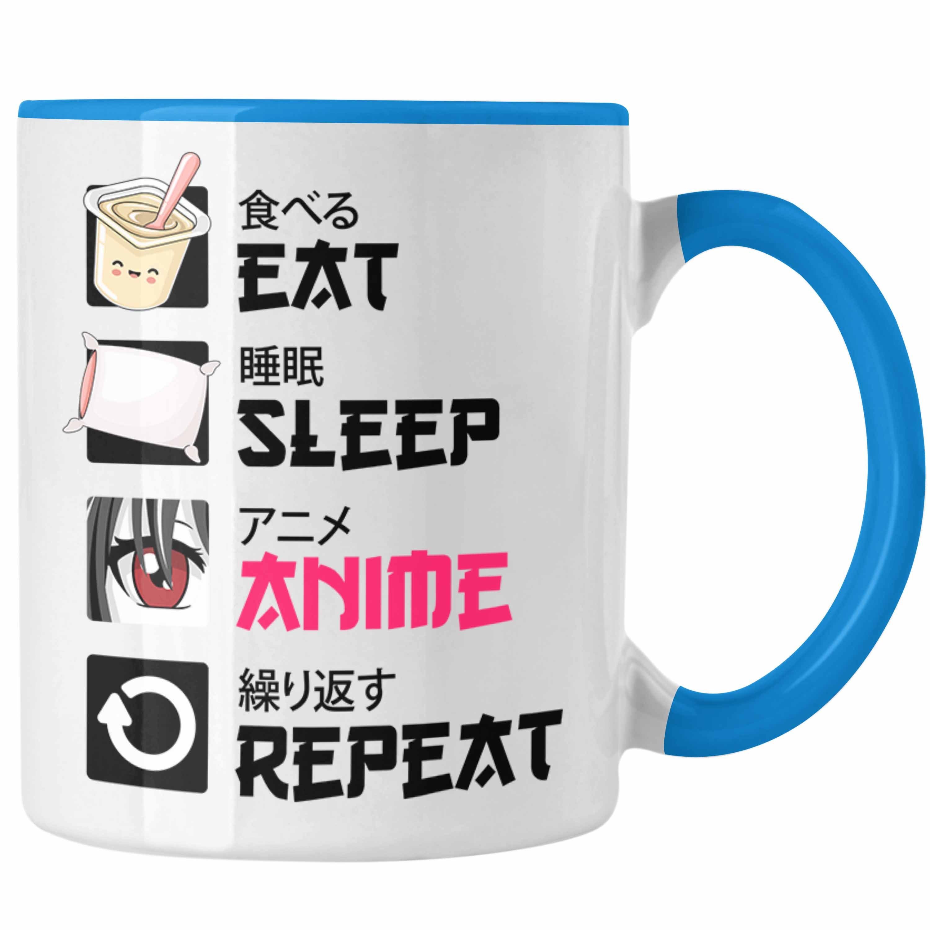 Trendation Anime Geschenke Geschenk Deko Kaffeetasse Trendation Sleep - Tasse Eat Blau Spruch Tasse