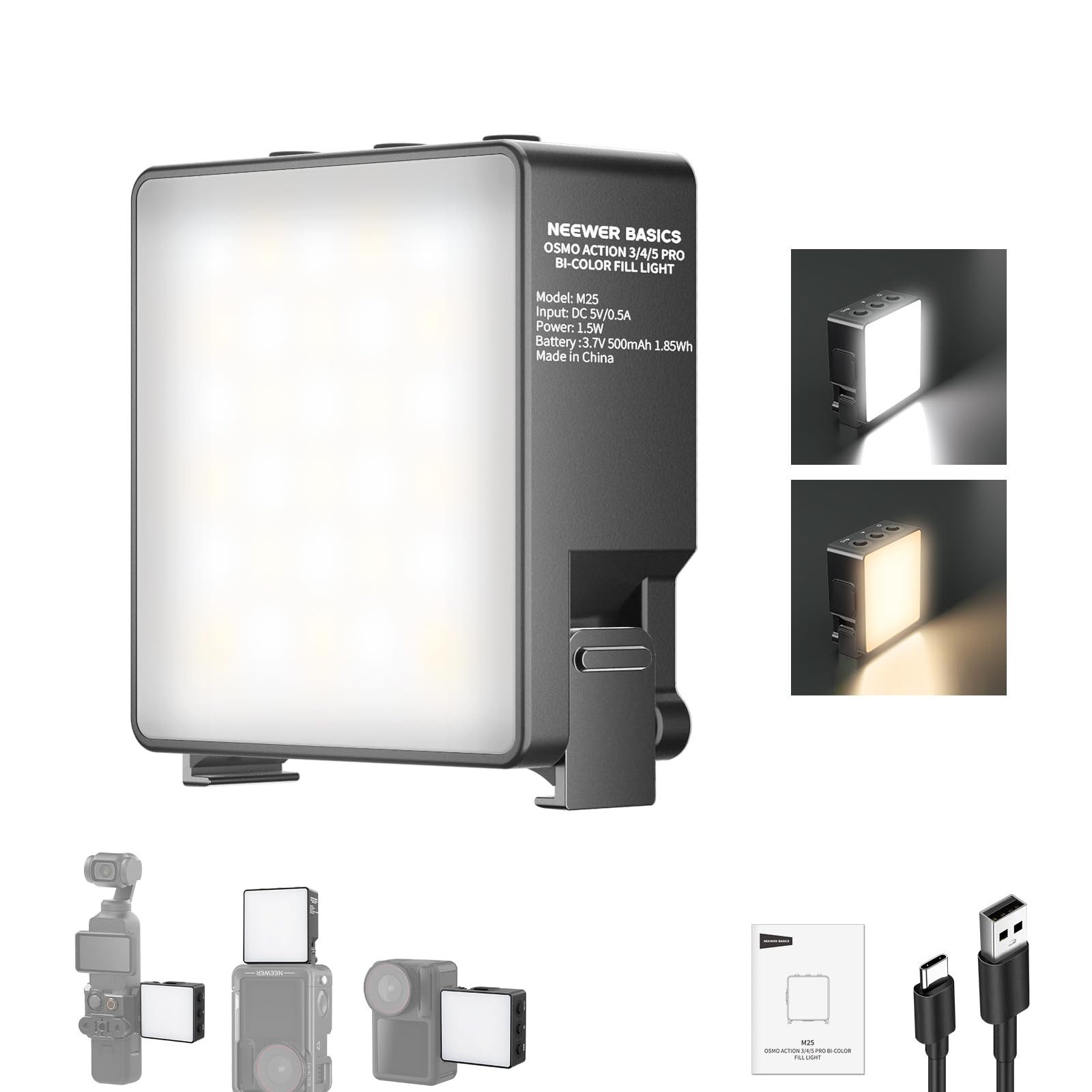 Neewer Videoleuchte M25 Zweifarbiges magnetisches LED Videolicht, 1,5W Fülllicht Aufsatz, für DJI OSMO NANO ACTION 3 4 5 Pro Cage AC009 PRO Pocket 3