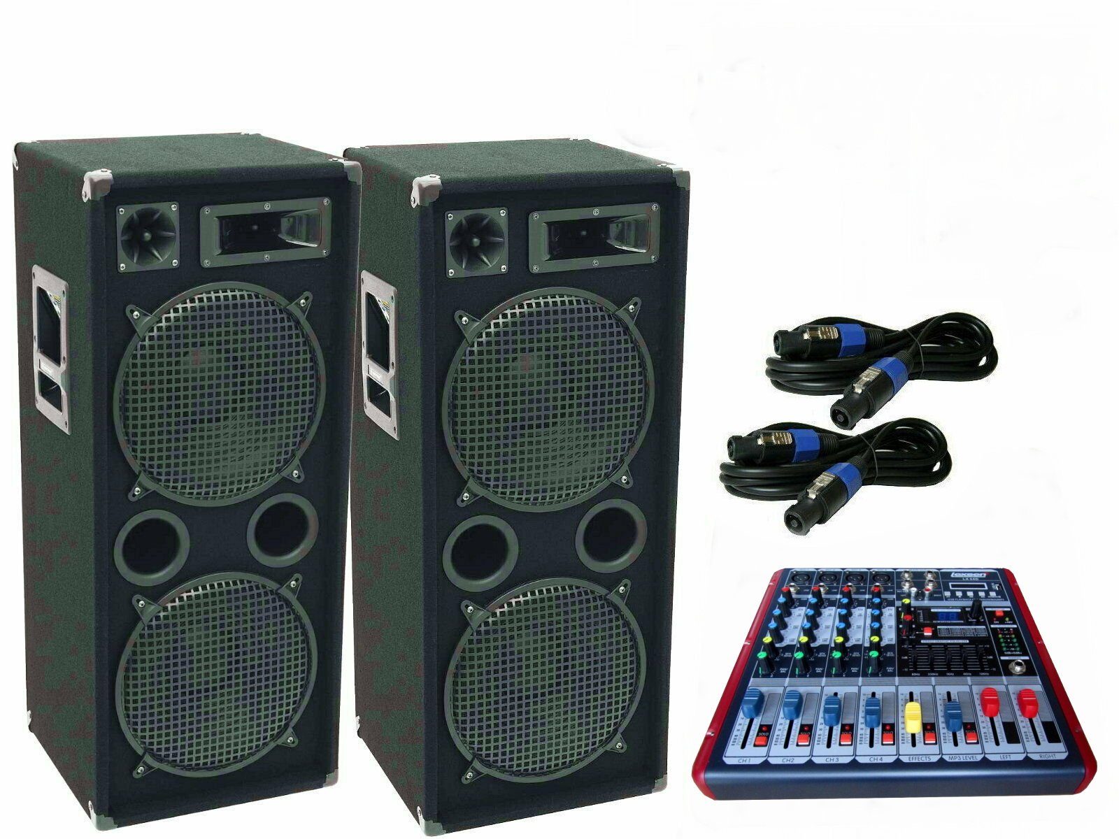 Powermixer Musik Anlage 3 Wege Boxen Stativ Kabel 2600 Watt Party-Lautsprecher