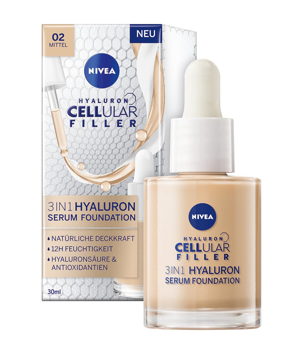 Nivea Gesichtsserum Cellular 3in1 Hyaluron Serum Foundation Make-up 02 Mittel 30ml, 1-tlg., mit 30 ml Inhalt