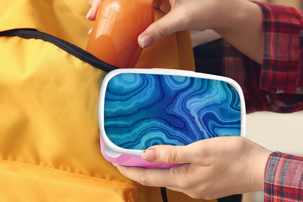 MuchoWow Lunchbox (2-tlg), für Kunststoff, - - Achat Snackbox, rosa Kinder, Brotdose Steine, Kunststoff Marmor Erwachsene, Mädchen, Brotbox - Blau
