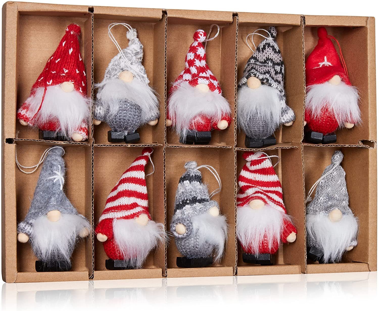 BRUBAKER Christbaumschmuck Weihnachtsgnom aus Holz Weihnachtsanhänger 7,5 cm (10-tlg), Baumanhänger Weihnachtszwerge Wichtel Weihnachtswichtel in Geschenkbox – Bild 4 von 5