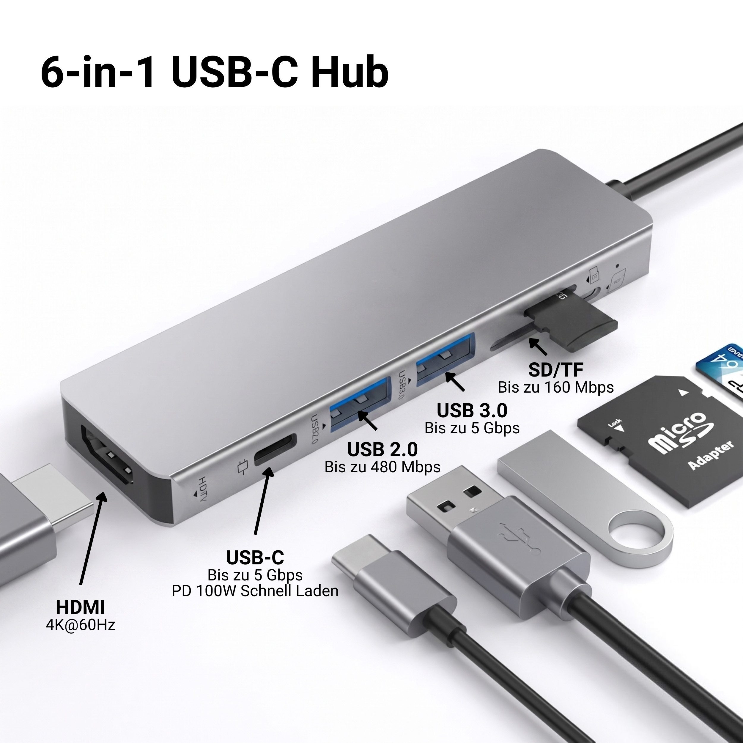 PlugUp Laptop-Dockingstation USB-C Multiport 6 in 1 Adapter 4K HDMI USB 3.1 USB-C microSD & SD-Slot, Universell kompatibel mit macOS, Windows und Linux