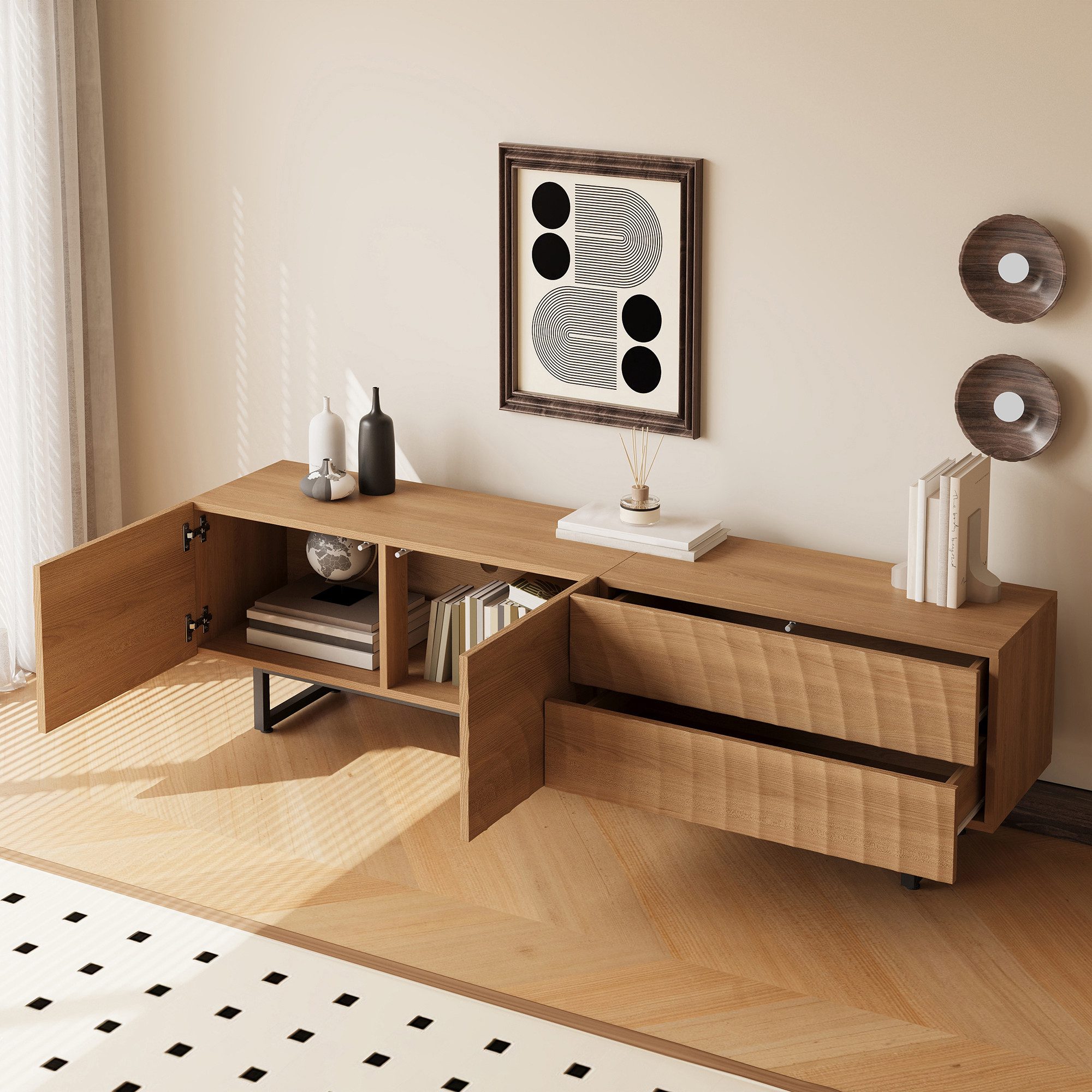 MODFU TV-Schrank Sideboard mit skulpturaler 3D-Textur & welliger Maserung (Packung, 1-St., 180x51,5x38 cm in Natural, 2 Türen, 2 Schubladen, Metallbeine) Heller Holzsockel unterstreicht das einzigartige Design