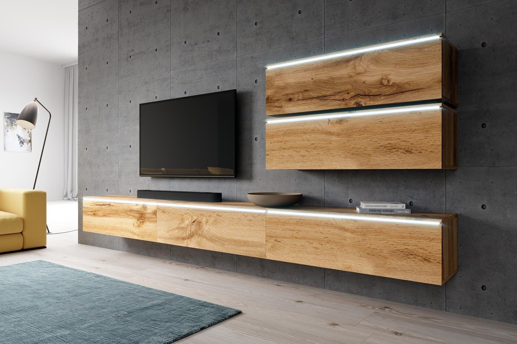 Furnix Mediawand Möbelwand BARGO V ohne LED 3x TV-Schrank 2x Regal, mit viel Stauraum, Breite 300 cm Eiche Wotan