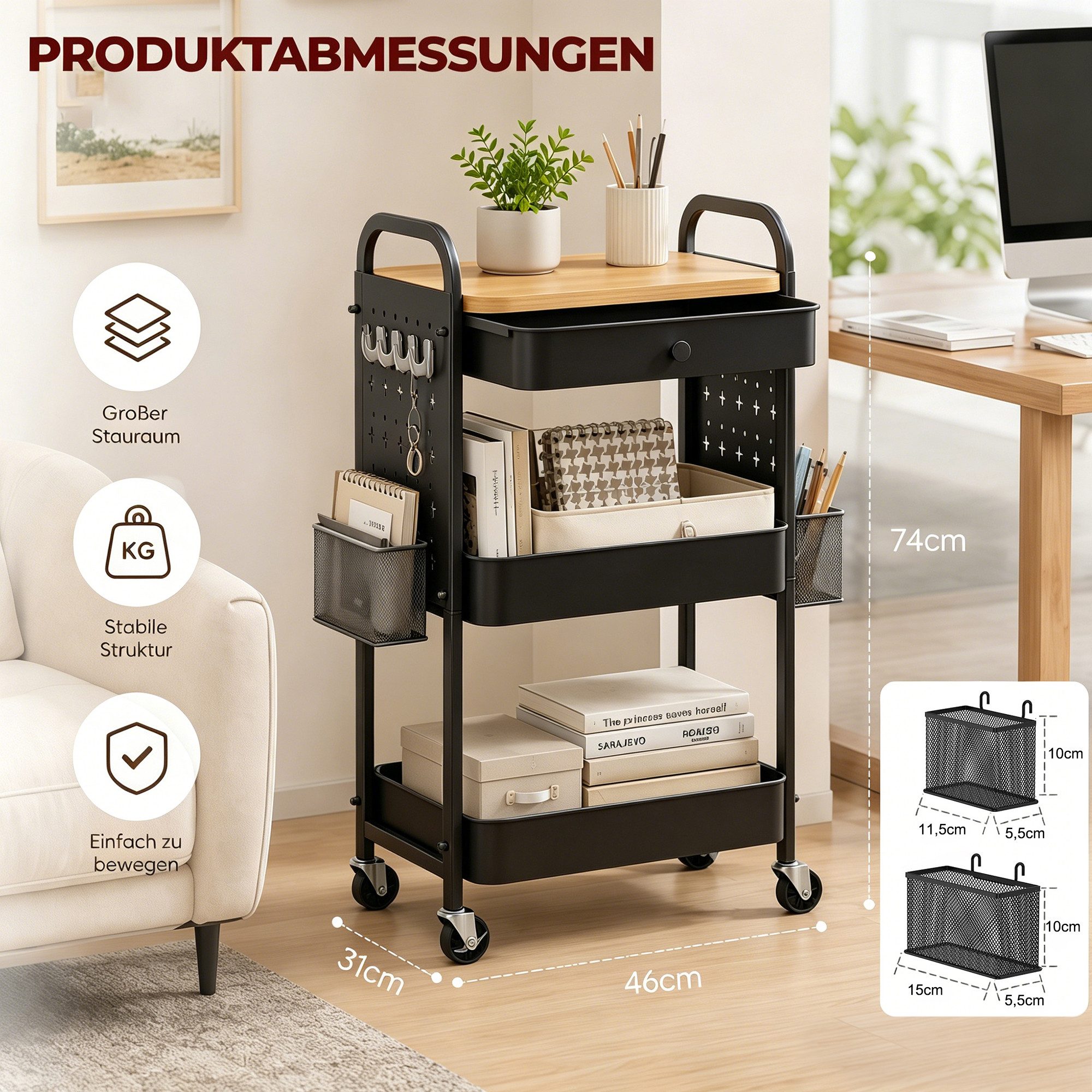 GLIESE Beistellwagen Vielseitiger Küchenwagen, Servierwagen, für Küche, Büro, Wohnzimmer, 2 Hängekörben, 4 Haken, 2 Lochplatten,1 Schublade, Bremsrollen, Griff – Bild 2 von 5