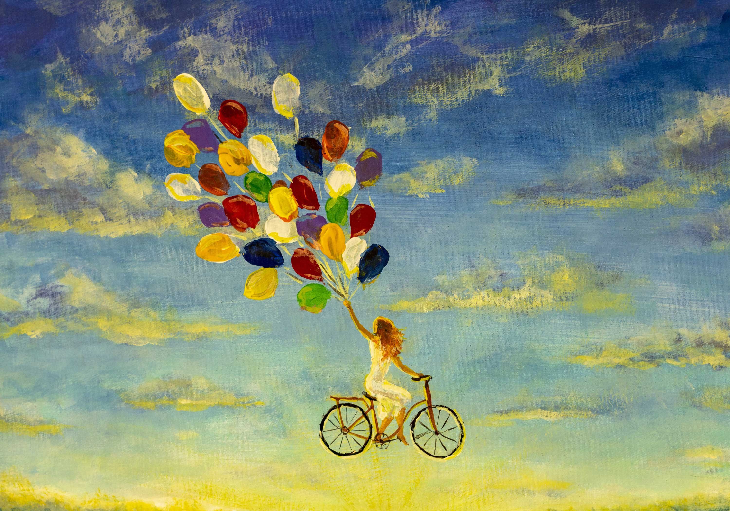 Luftballons auf Frau Gemälde mit Motivtapete, Fototapete matt, Fahrrad, wandmotiv24 glatt, Wandtapete, Vliestapete