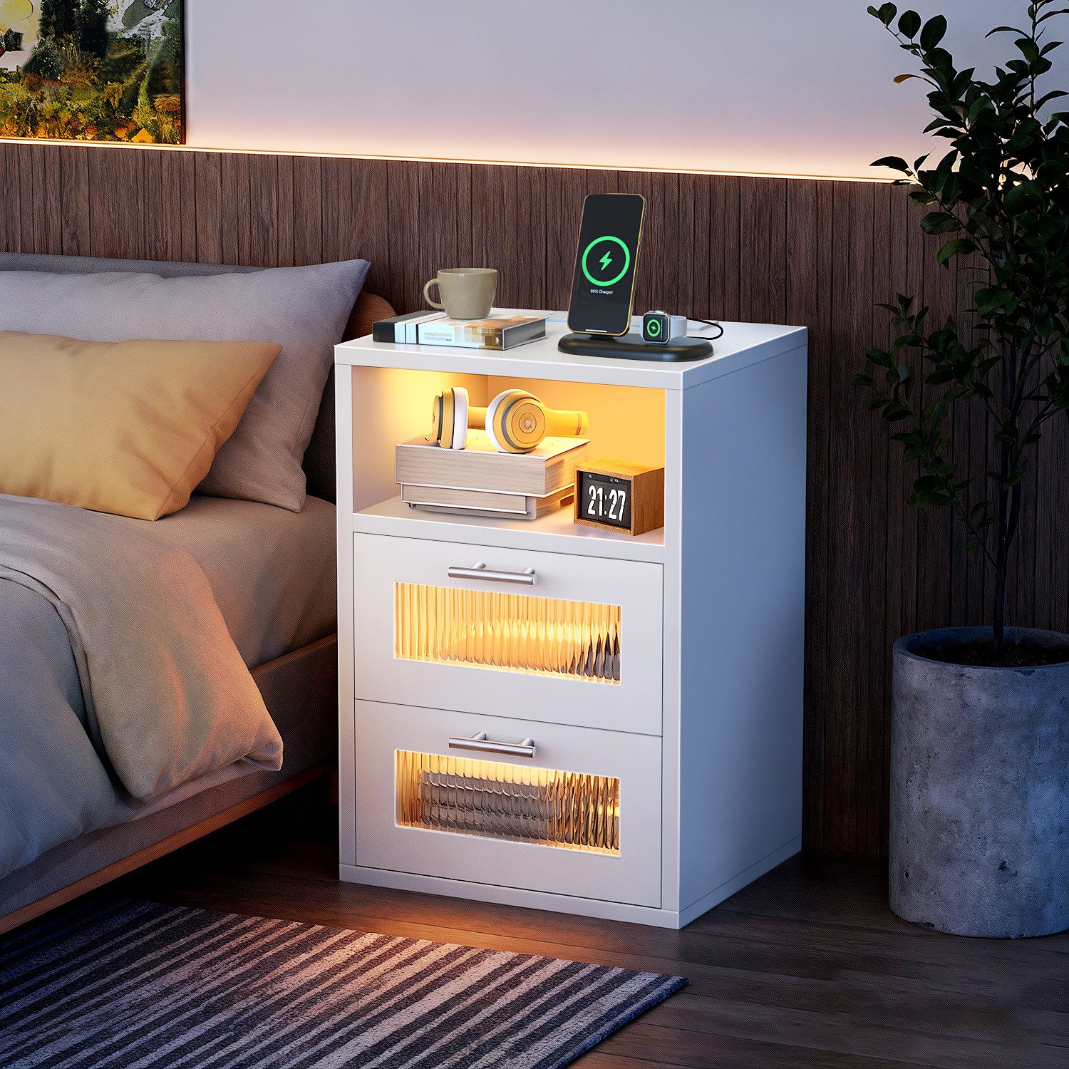 oyajia Nachtkommode Nachttisch mit einstellbarer LED-Beleuchtung, Steckdosen (1 St), Nachtschrank Beistelltisch mit 2 Schubladen und 1 offener Ablage