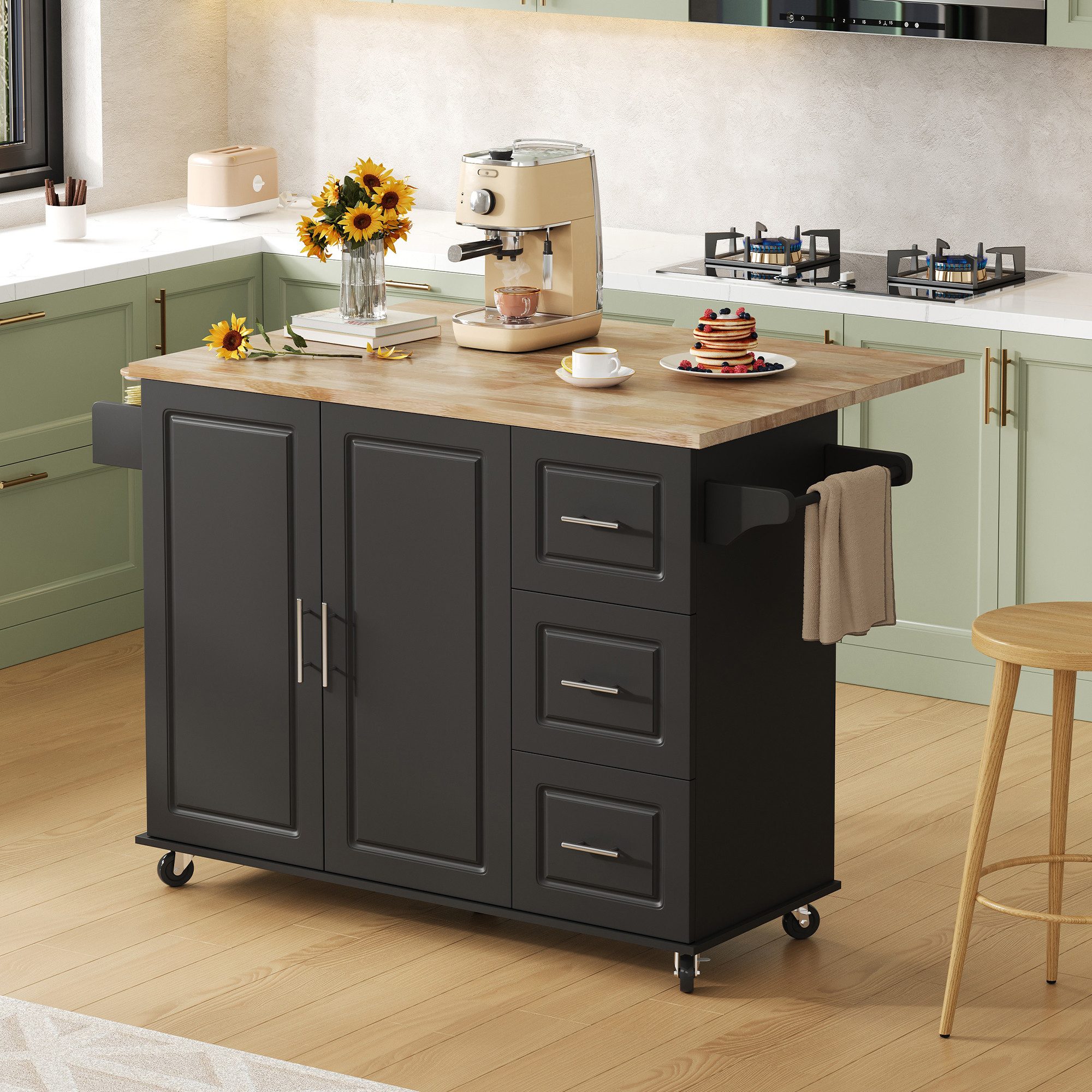 Odikalo Kücheninsel mit Arbeitsplatte Servierwagen mit Großer Stauraum, (L137*B43(76)*H92cm Großer mobiler Küchentisch, Arbeitsplatte aus Eichenholz, klappbares Design, multifunktionaler Schrank, 3 Schubladen, Handtuchhalter, geeignet für Küche, Esszimmer, Haus)