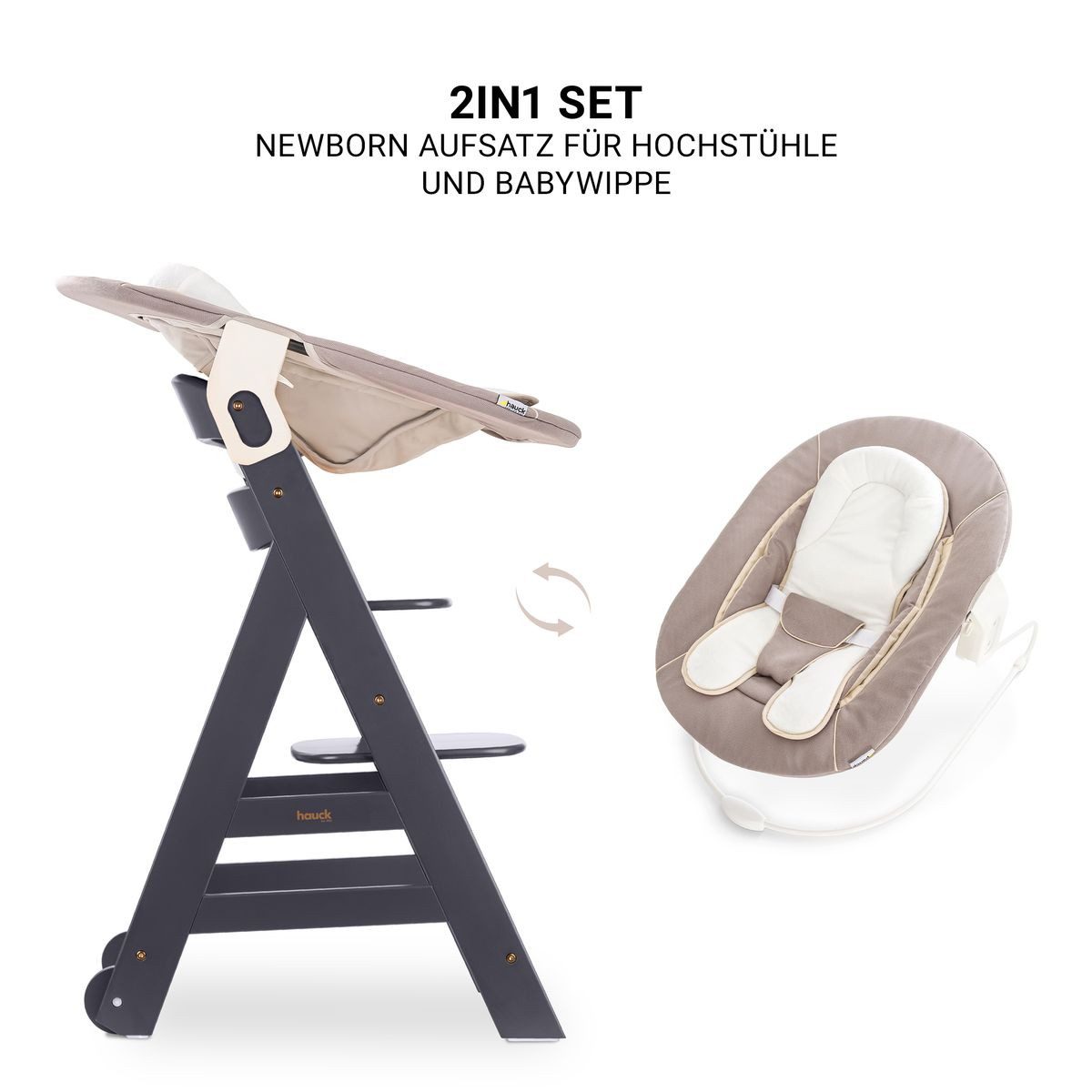 Hauck Hochstuhl Beta Plus Dark Grey - Newborn Set, Babystuhl ab Geburt inkl. Aufsatz für Neugeborene, Tisch, Sitzauflage