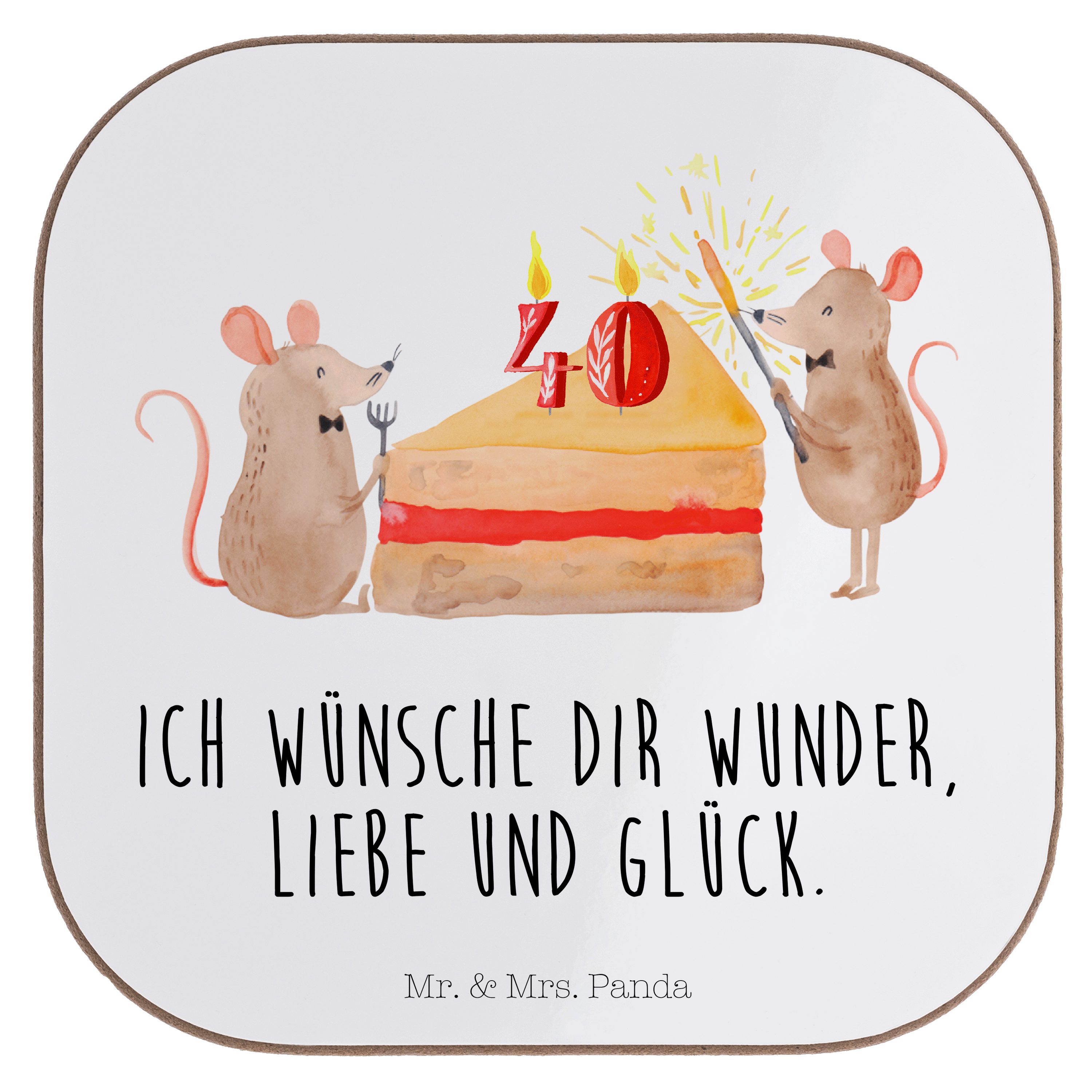 Mr. & Mrs. Panda Getränkeuntersetzer 40. Geburtstag Mäuse Kuchen - Weiß - Geschenk, Untersetzer Gläser, Ha, 1-tlg.