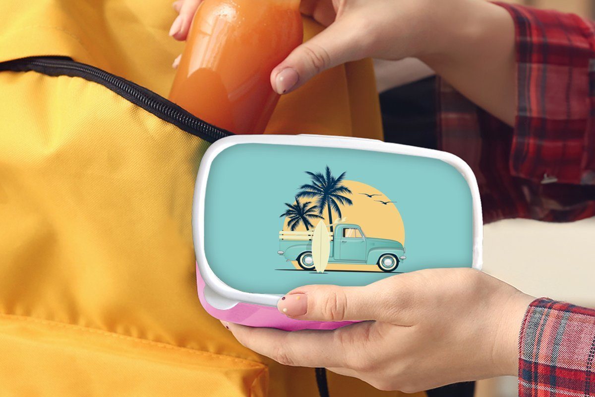 MuchoWow Lunchbox Kunststoff, Surfbrett Bus Kunststoff Erwachsene, - - für (2-tlg), Kinder, Snackbox, Sommer Mädchen, Zeichnung, Brotdose - Brotbox rosa