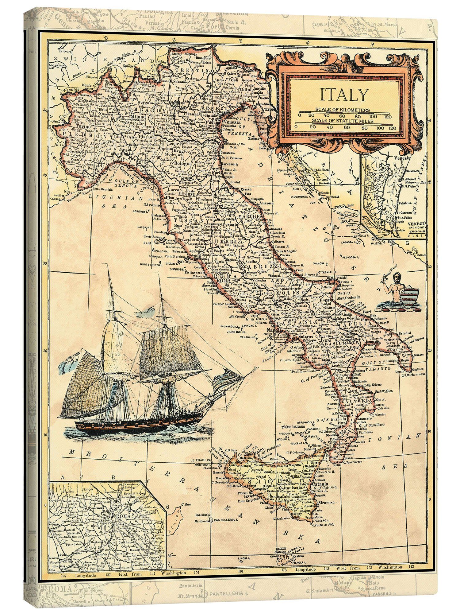 Posterlounge Wandbild Italien Karte, Vision Studio, erhältlich als Poster, Leinwandbild, Wandsticker oder Acrylglasbild