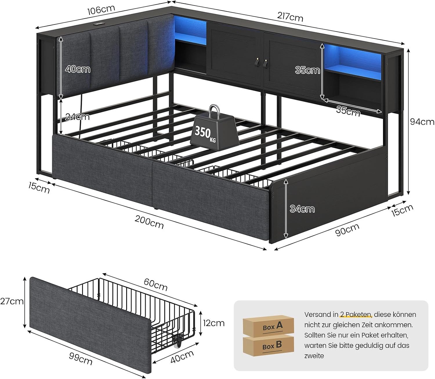 KIMENICH Polsterbett mit LED‑Beleuchtung, integrierter Ladestation und Stauraum‑Kopfteil (Ohne Matratze), Schlafsofa, Jugendbett, Tagesbett, 2 Schubladen, 90 x  – Bild 2 von 5