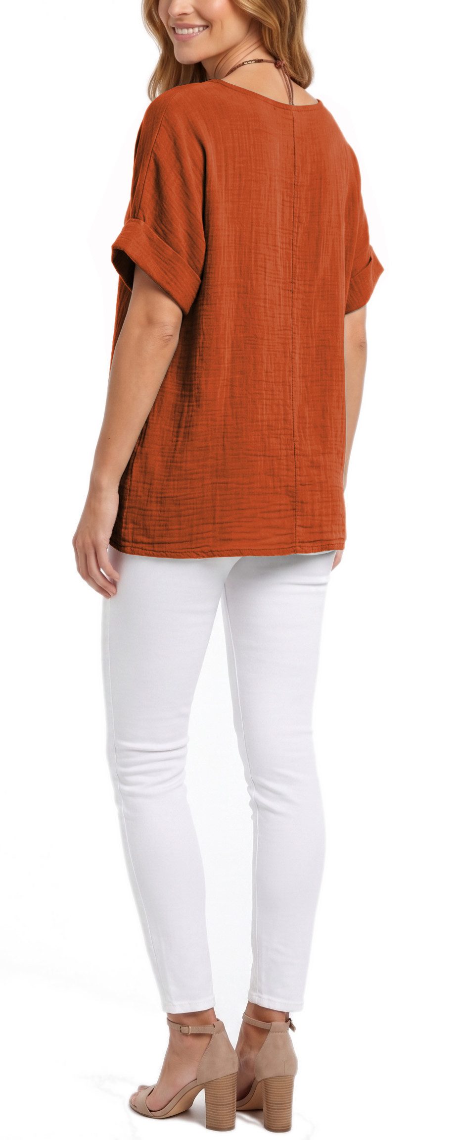 dy_mode Kurzarmbluse Damen Kurzarm Bluse Leichte Sommer Tunika Baumwollbluse Oberteil in Unifarbe, mit passende Kette
