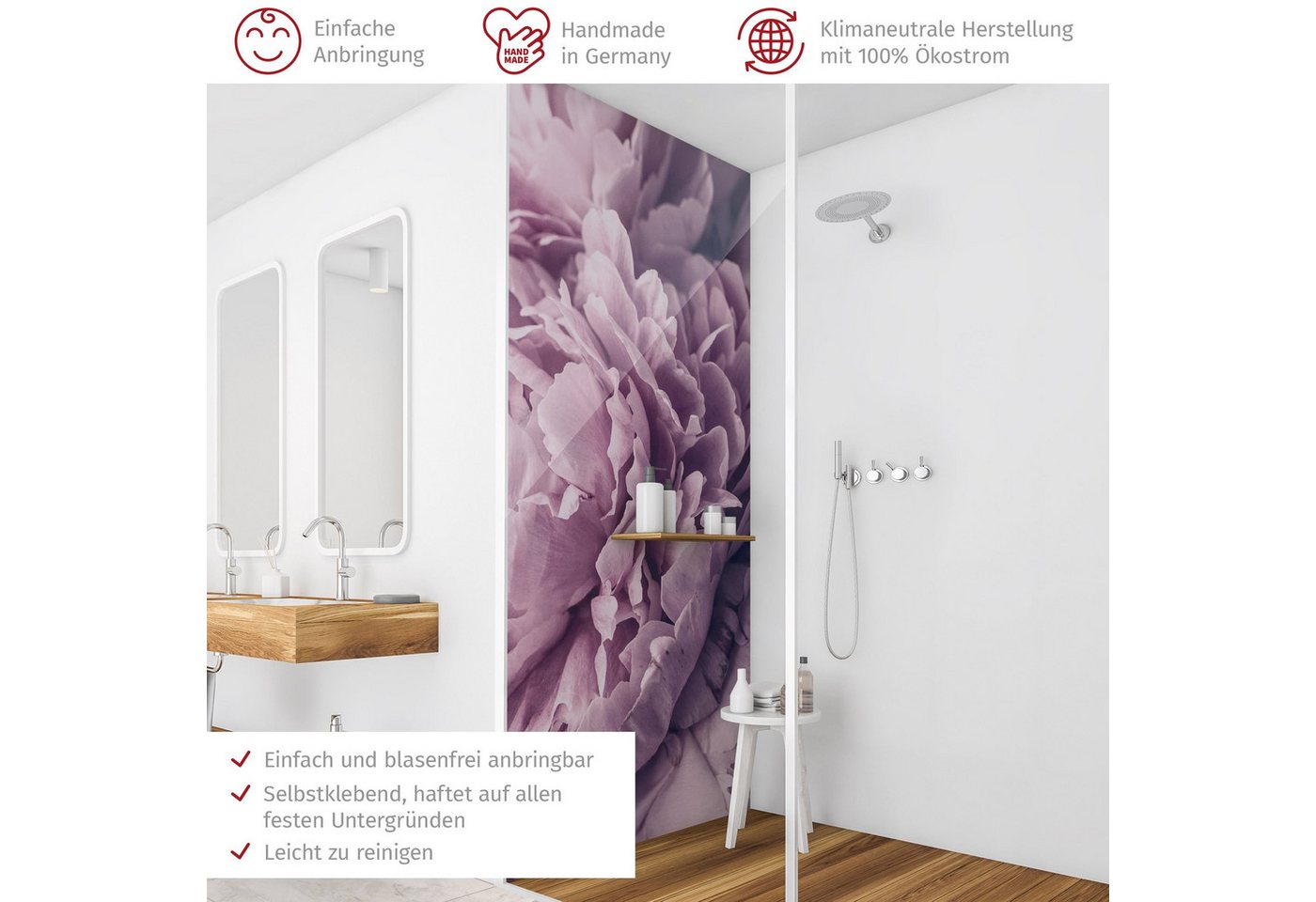 Thumbnail - Bilderdepot24 Badrückwand Blumen violett Duschrückwand ohne Bohren Dusche Landhaus, (1-tlg., Hart-Folie Smart matt 0,35 ...