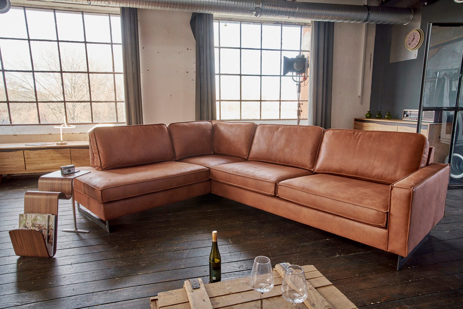 KAWOLA Ecksofa VILNIUS, Couch L-Form mit Recamiere rechts oder links Lederfaserstoff