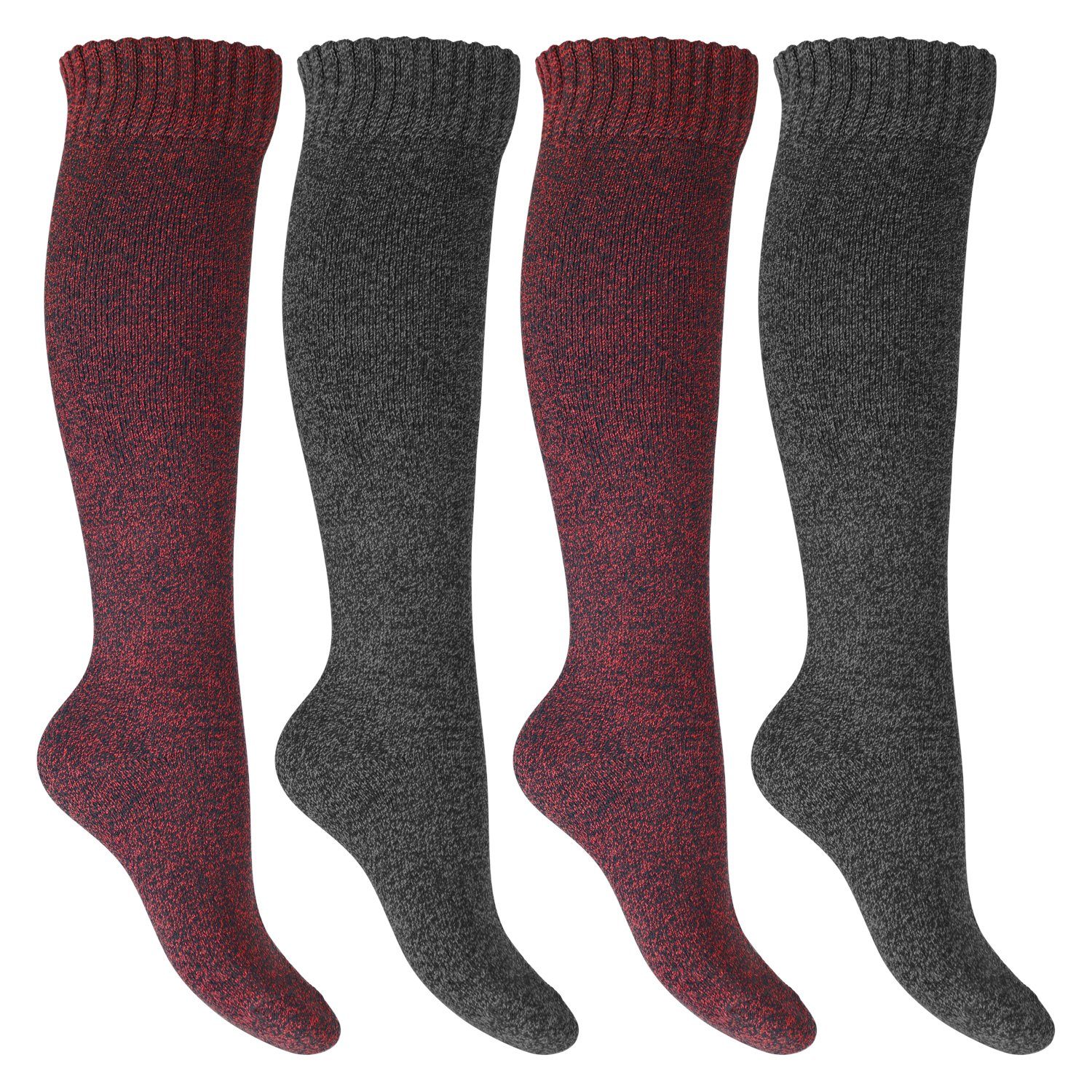 Footstar Thermosocken Damen Frottee Paar), Baumwolle, Kniestrümpfe 4er Thermo Grau-Rot (2/4