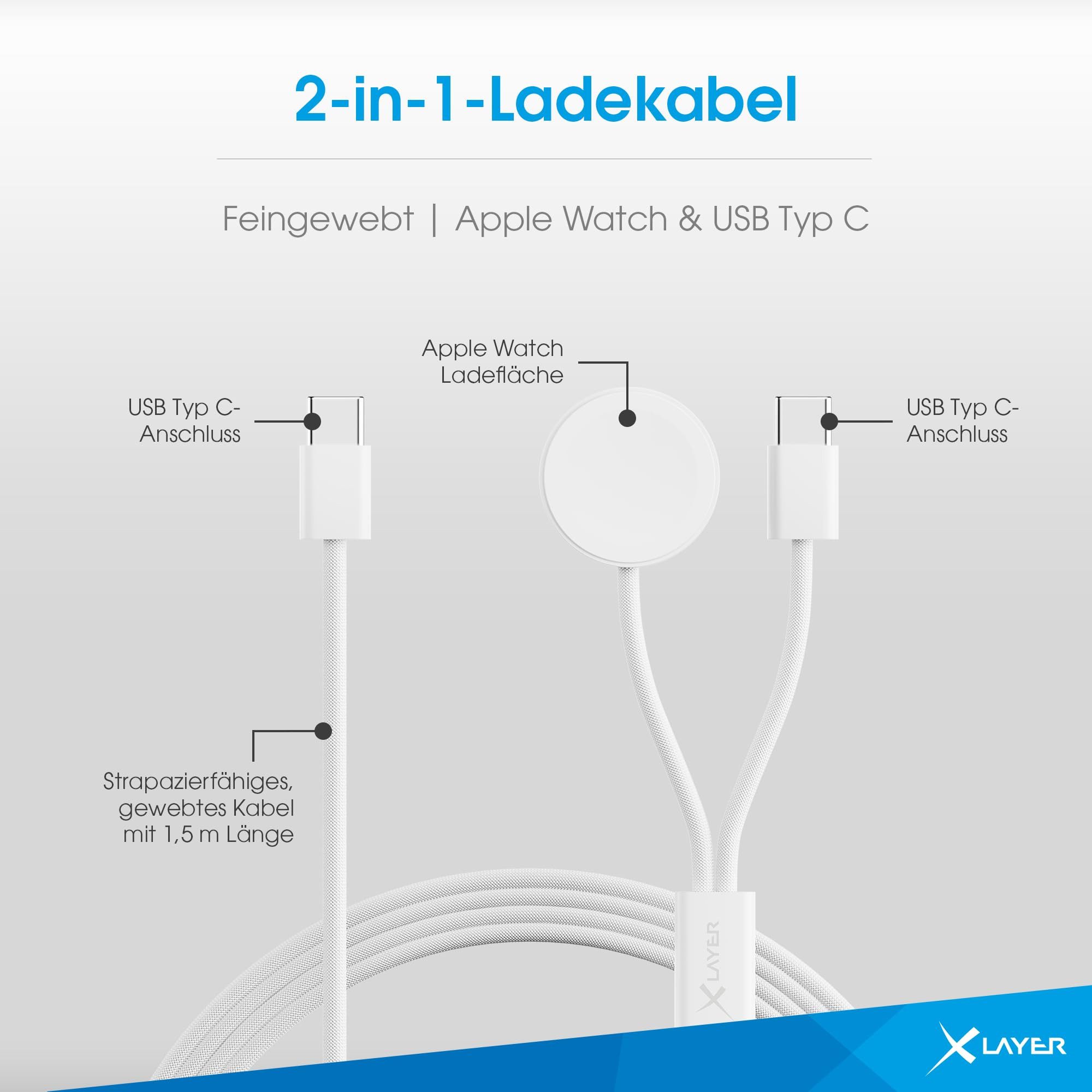 XLAYER XLayer feingewebtes 2-in-1 Premium-Kabel Computer-Kabel, 2-in-1 Kabel mit USB Typ C & Apple Watch Ladestation