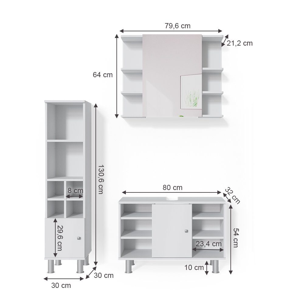 Vicco Badmöbel-Set Fynn, Weiß, 3 Teile, mit Midischrank Tür klein, (3-er Set, 3-St., 3er Set)