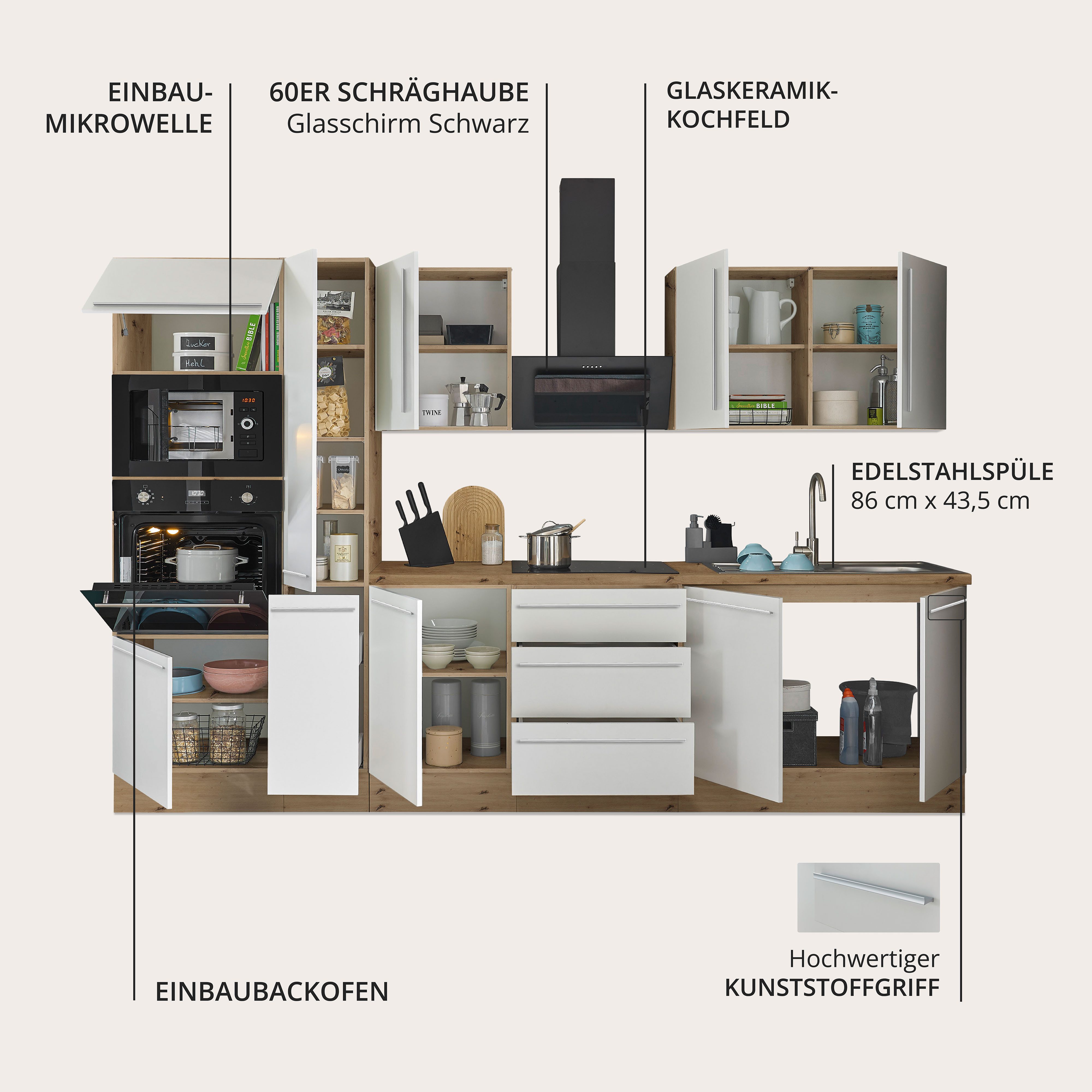 KOCHSTATION Küchenzeile Florida, Breite 300 cm, wahlweise mit E-Geräten,Softclose für Türen/Schubkästen