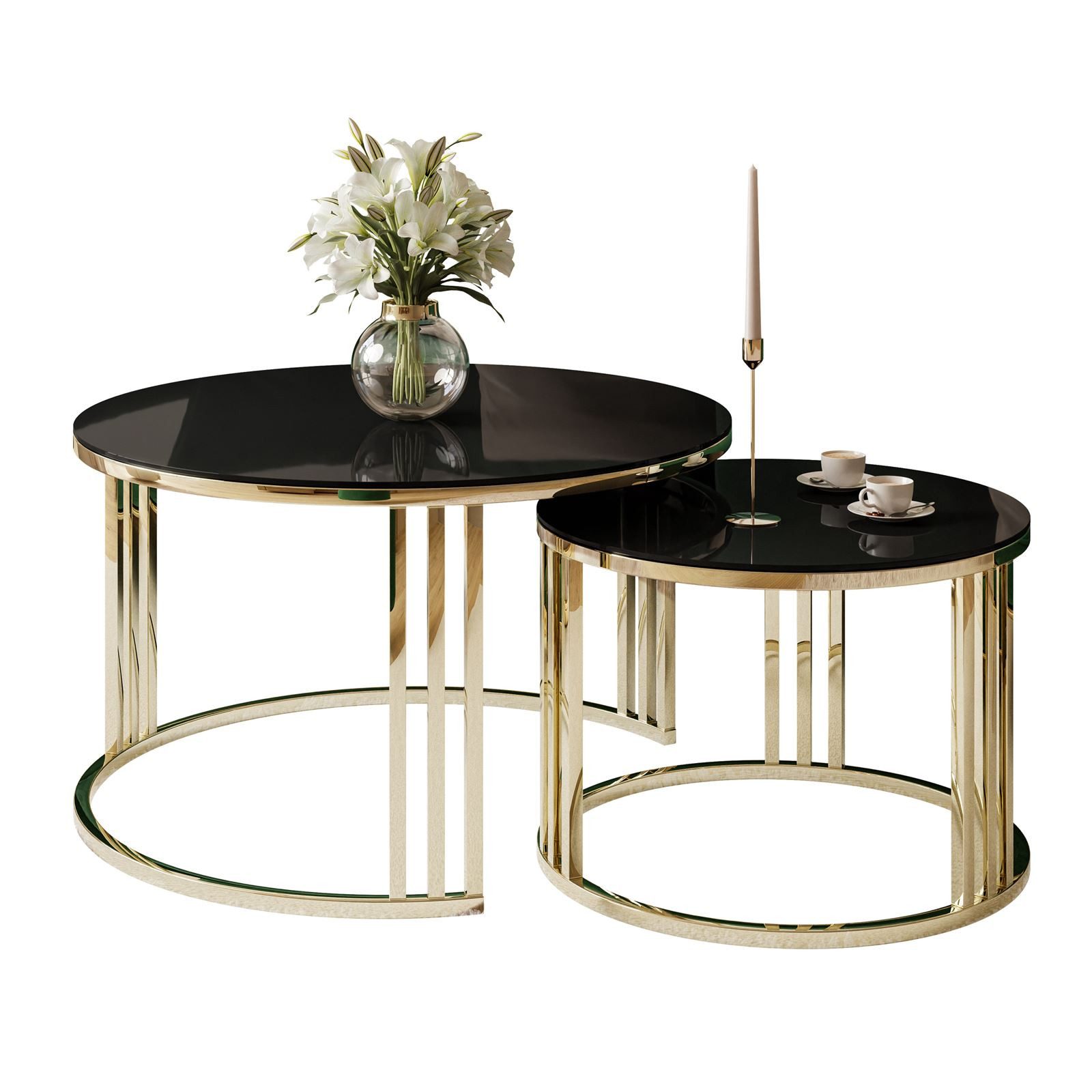 Lookway Couchtisch LORI 2in1 GLASS runder Couchtisch mit gold chrom Gestell (2er Set), Durchmesser: ⌀70 cm und ⌀50 cm