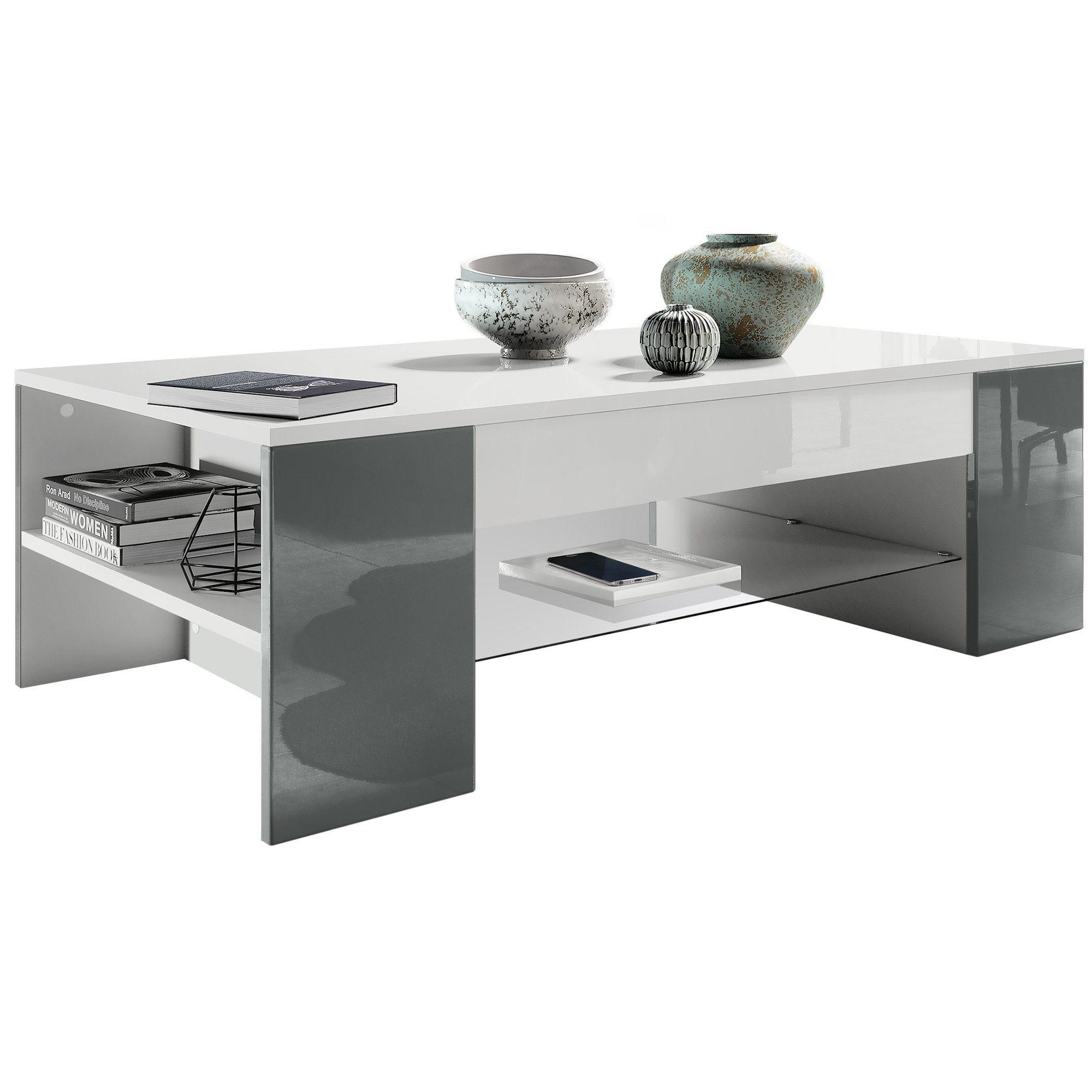 Vladon Couchtisch Clip (Wohnzimmertisch, mit 2 Seitenfächern und 1 Glasplat günstig online kaufen