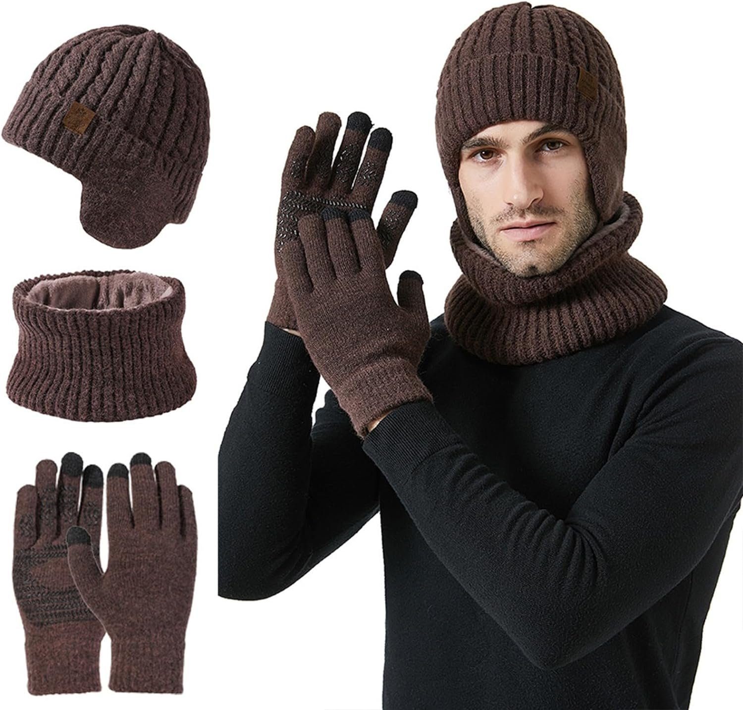GLIESE Mütze & Schal Mütze Schal Handschuhe Set 3 in 1 Winter Warm Geschenk Set Dunkelbraun