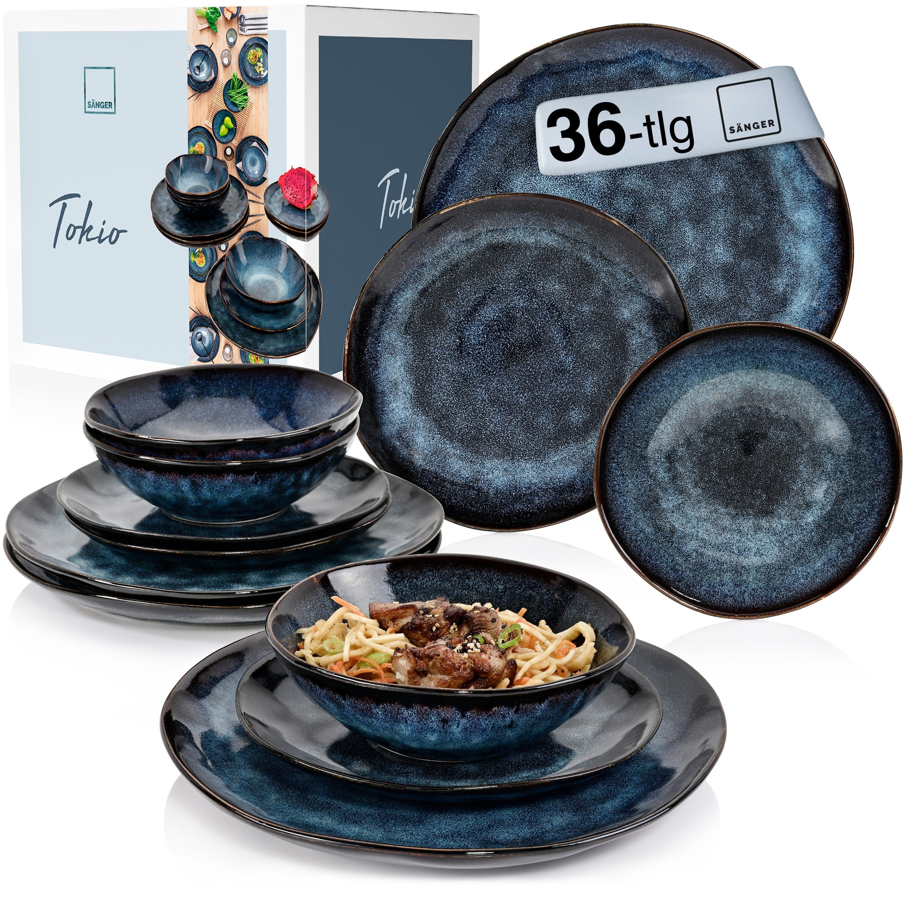 SÄNGER Tafelservice Tokio Geschirrset (36-tlg), 12 Personen, Steingut, Blau Schwarz, Handmade, Premium Collection