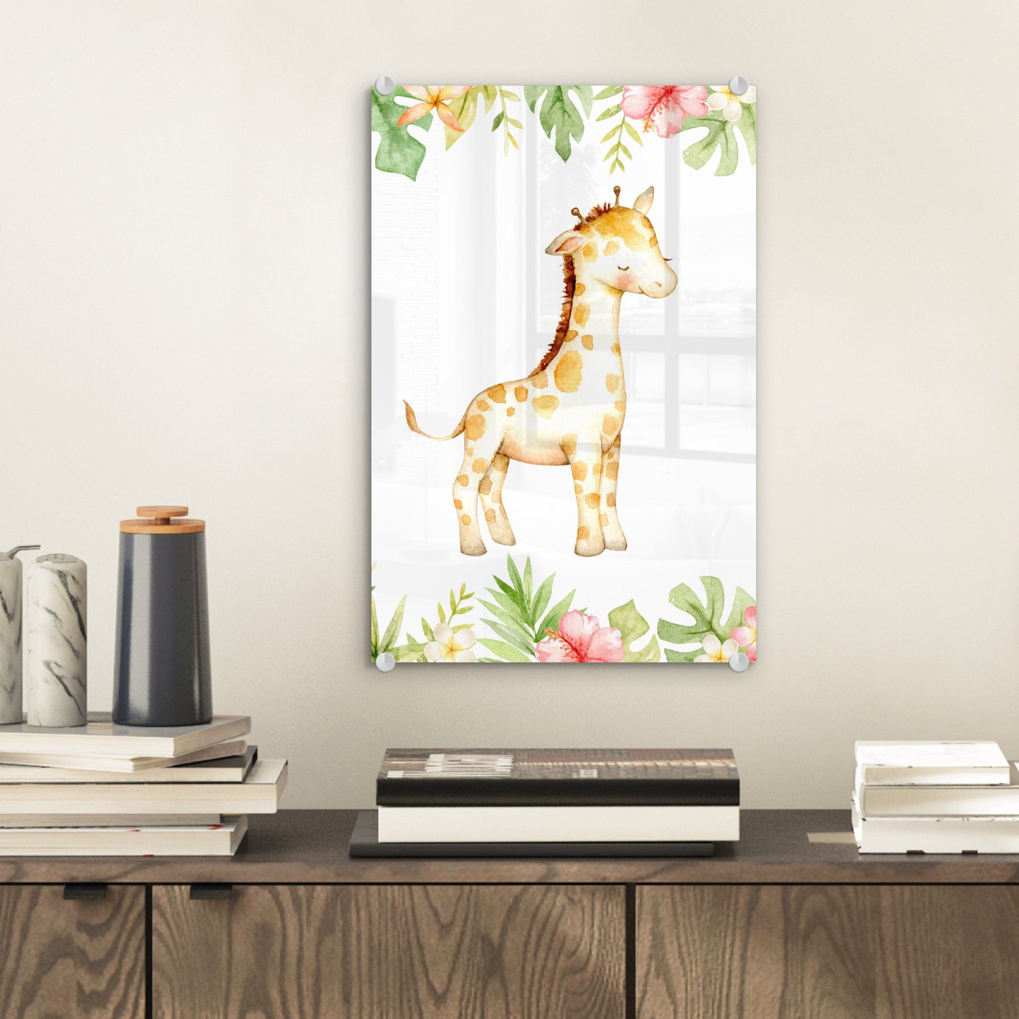 Glas - auf Bilder - (1 Glasbilder Giraffe Acrylglasbild Dschungel Aquarell, Glas - auf - Wandbild Wanddekoration MuchoWow Foto St), -